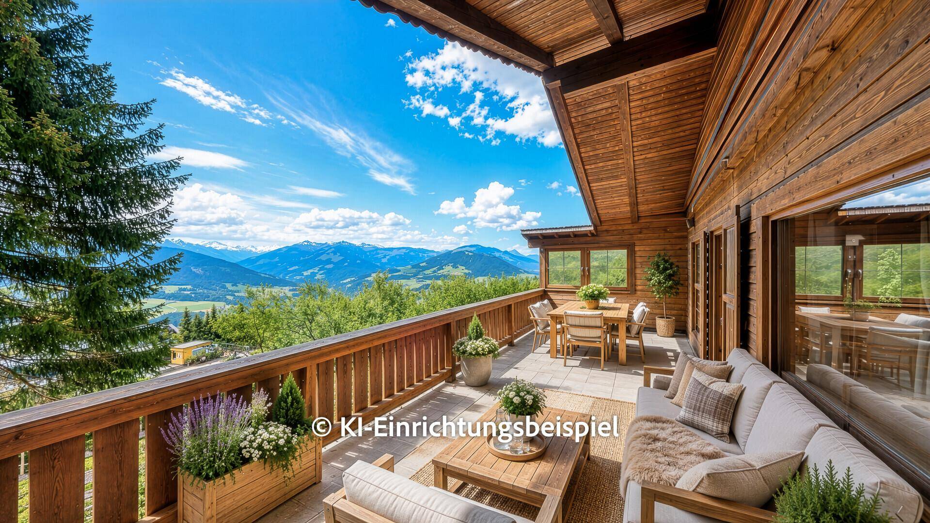 Geräumiger Balkon mit moderner Lounge-Möblierung und spektakulärem Bergblick.