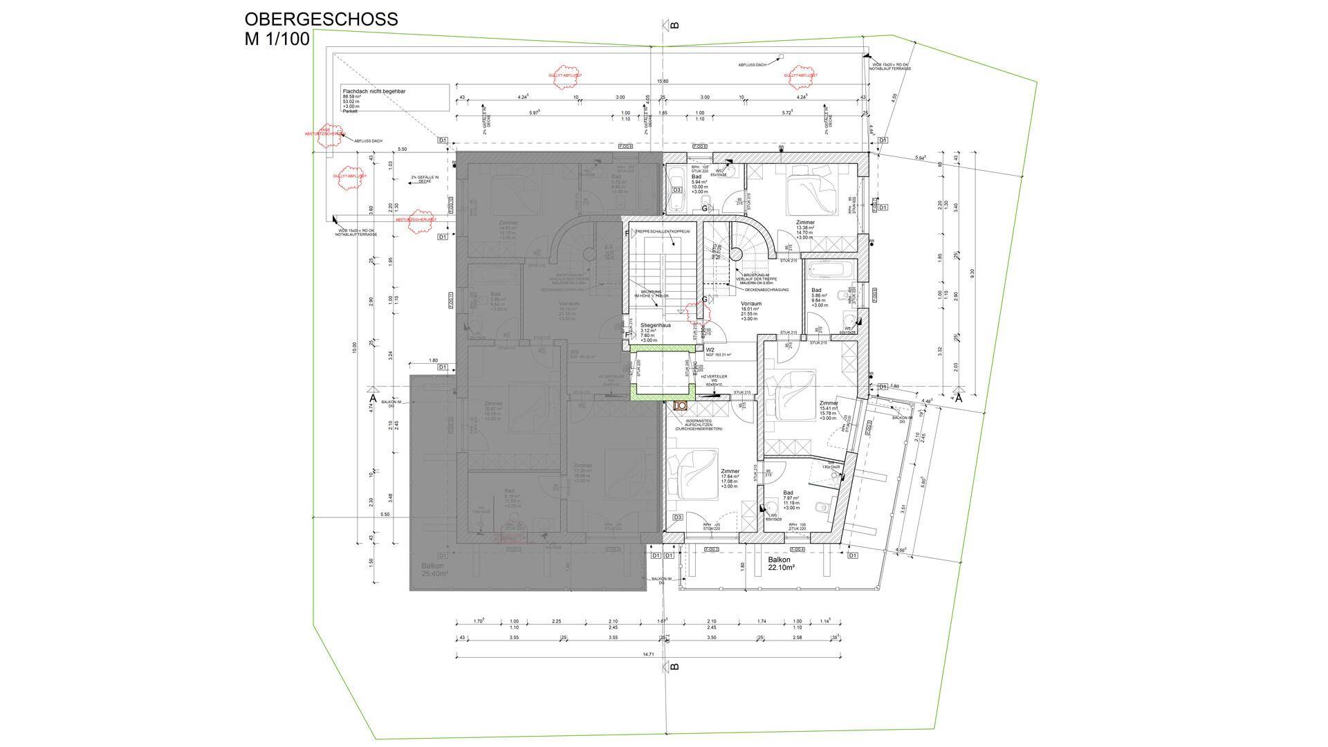Grundriss des Obergeschosses mit detaillierter Raumaufteilung und Abmessungen.