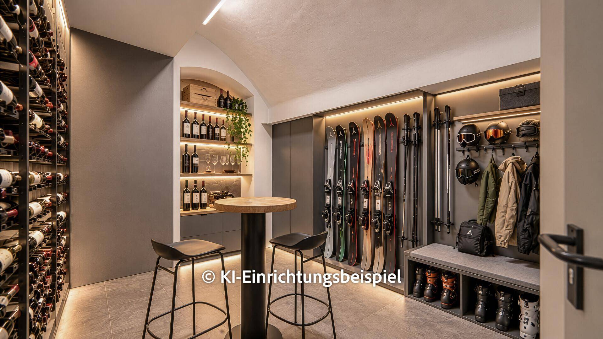 Moderner Weinkeller mit Skiraum, Weinregalen und einer kleinen Bar.