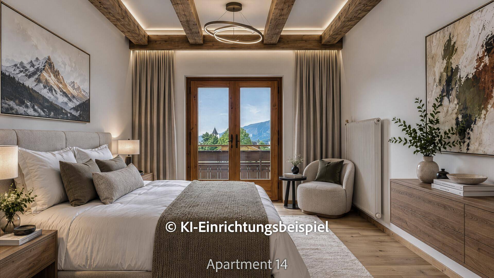 Geräumiges Schlafzimmer mit Holzbalken, gemütlicher Sitzecke und Balkon mit schöner Aussicht.