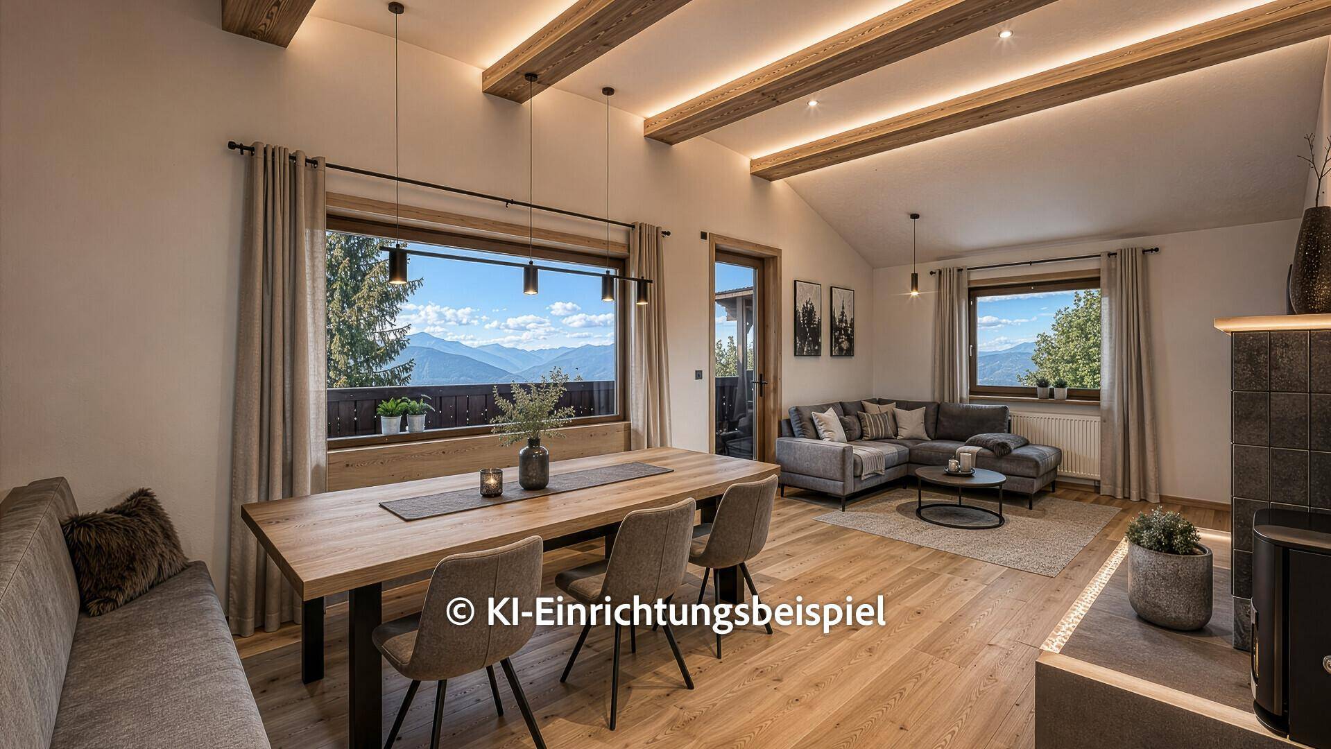 Heller Wohn-Essbereich mit Holzbalken, Bergblick und moderner Einrichtung in alpiner Umgebung.