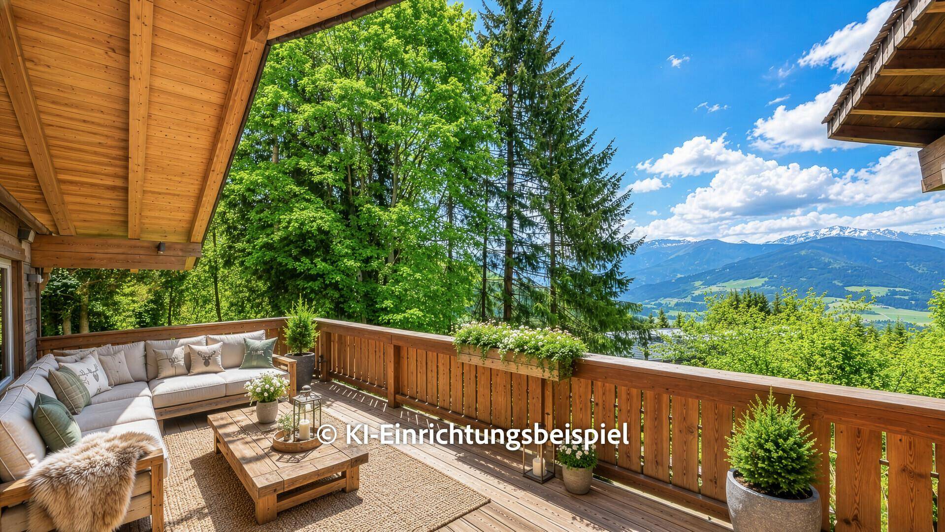 Geräumiger Balkon mit moderner Lounge-Möblierung und spektakulärem Bergblick.