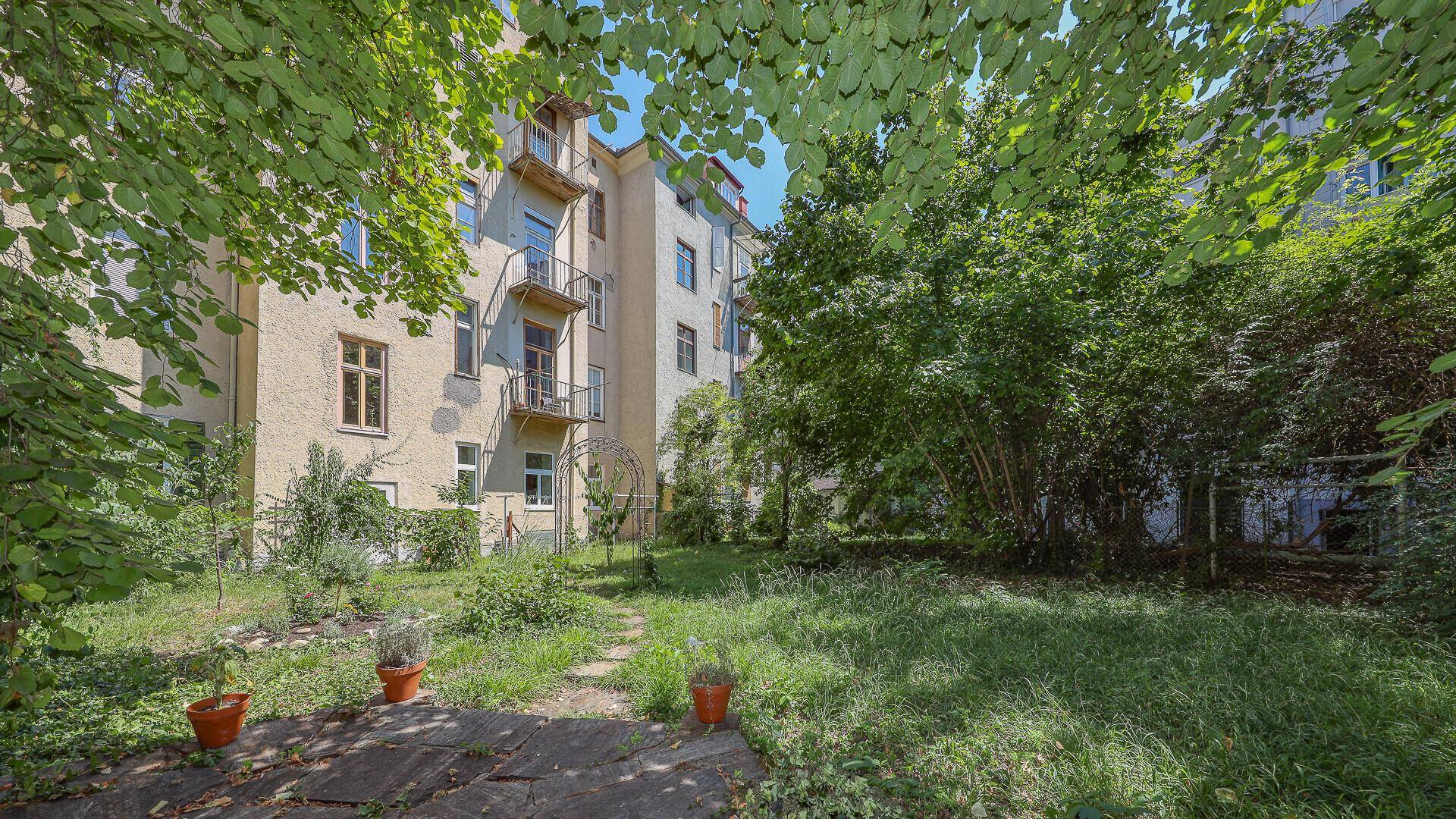 Grüner Gartenbereich hinter dem Gebäude mit üppiger Vegetation und Sitzgelegenheit.