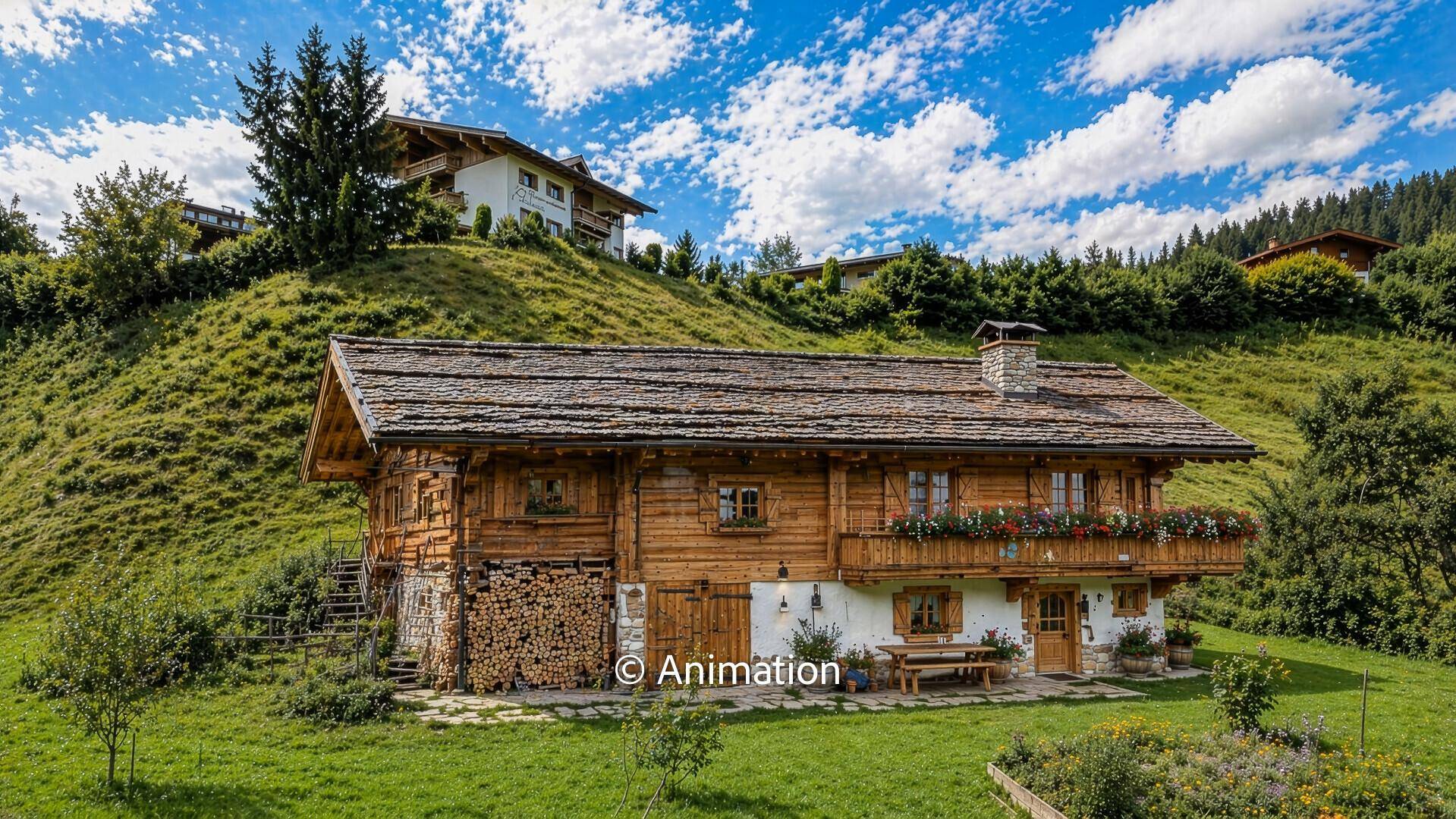 Traditionelles Holzhaus mit rustikaler Fassade, Holzstapel und gepflegtem Vorgarten.