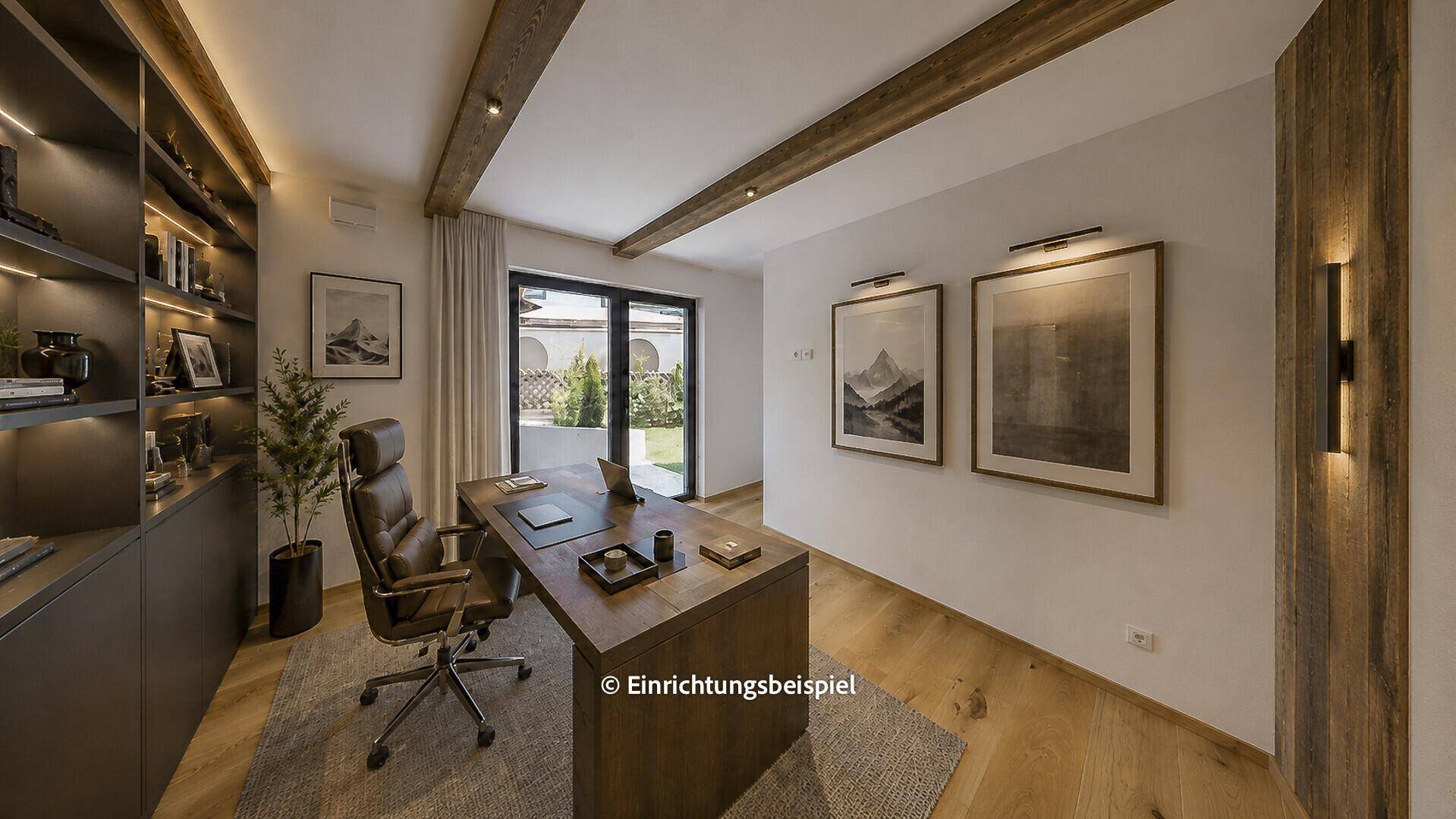 Modernes Arbeitszimmer mit Schreibtisch, Bücherregal und Zugang zum Garten.