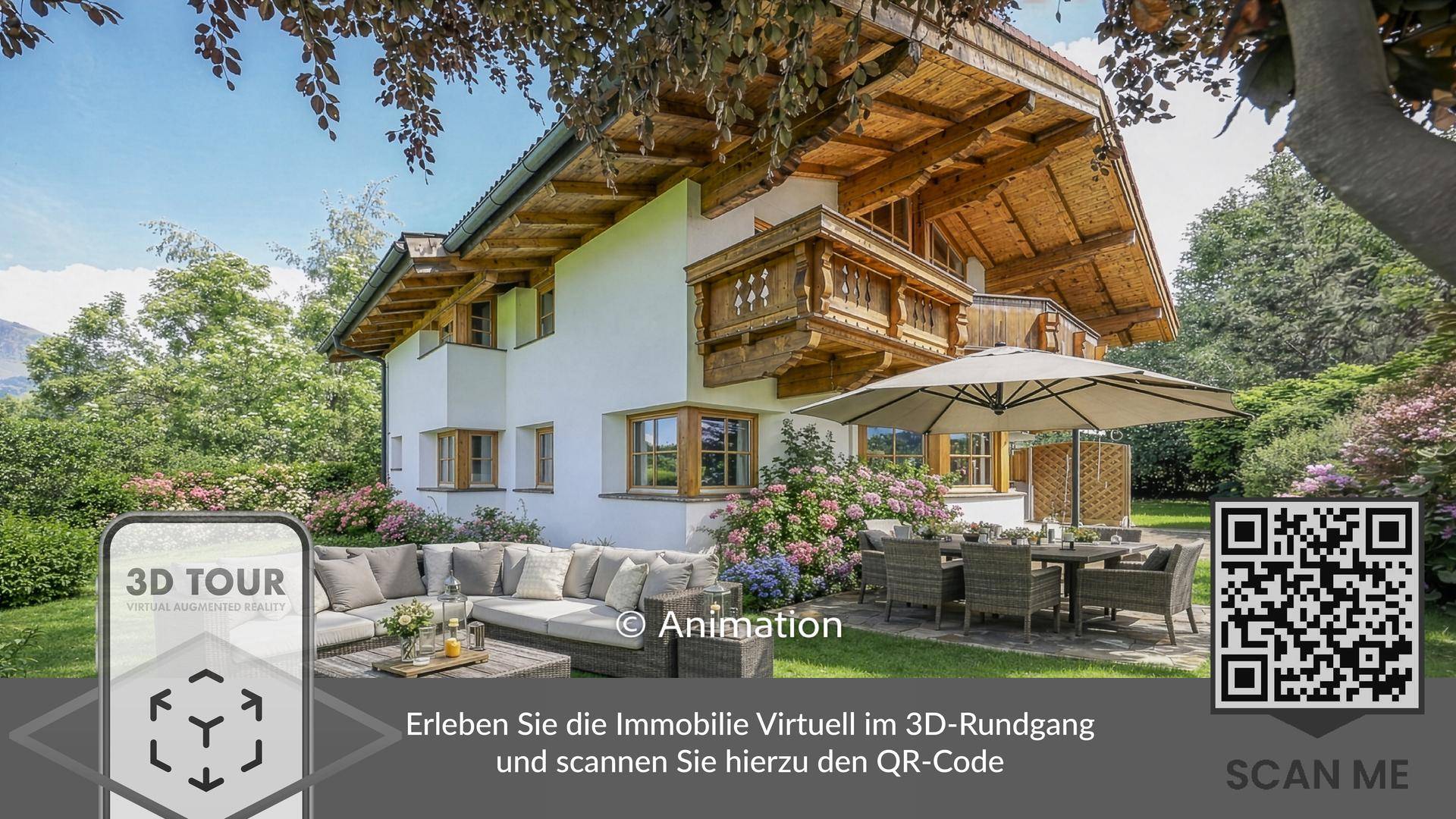 Charmantes Chalet mit traditionellen Holzbalkonen und einer großzügigen Terrasse mit Lounge- und Essbereich.