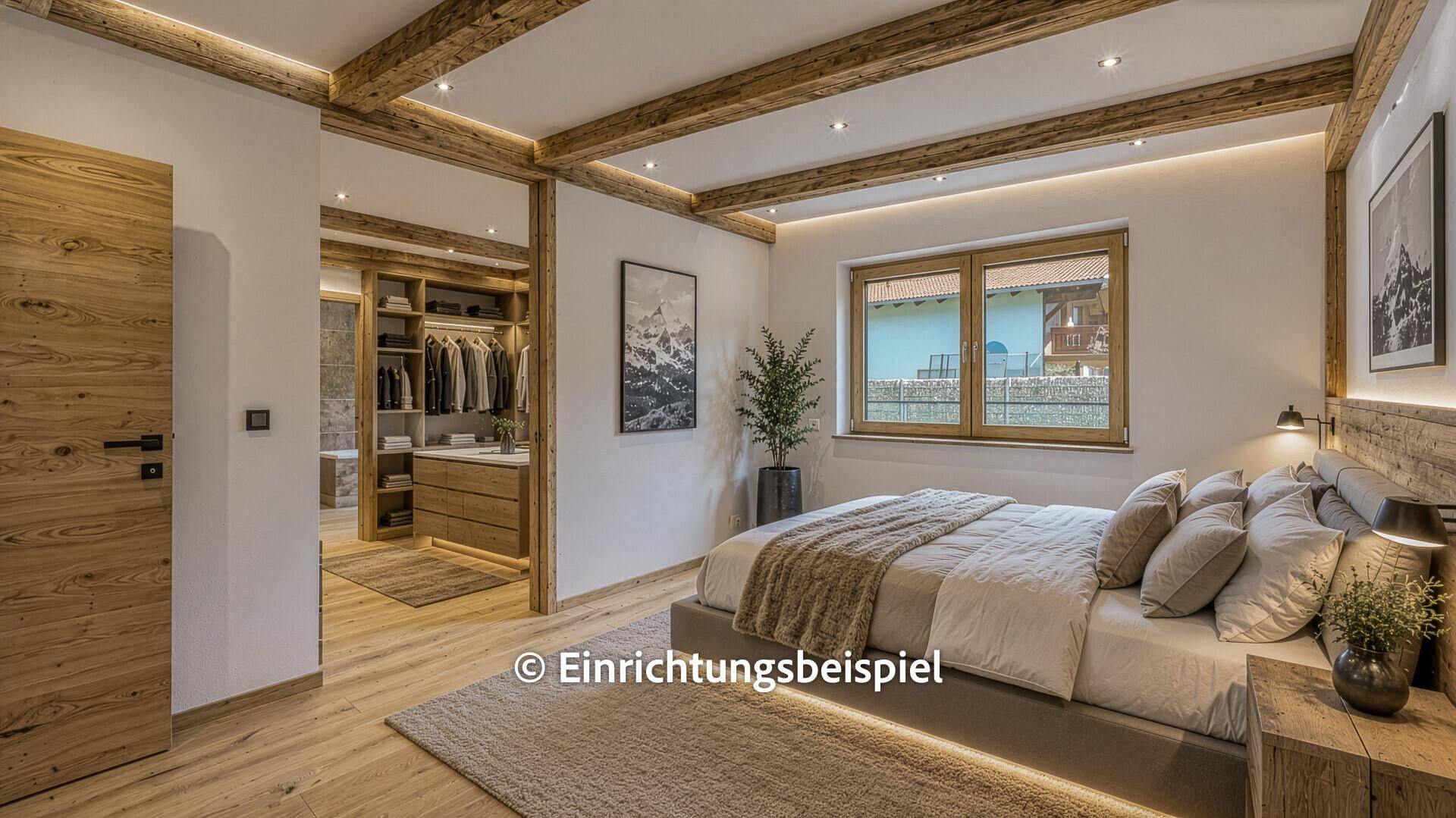 Gemütliches Schlafzimmer mit Holzbalken, Holzwand und Zugang zu einem begehbaren Kleiderschrank, als Gestaltungsvorschlag.