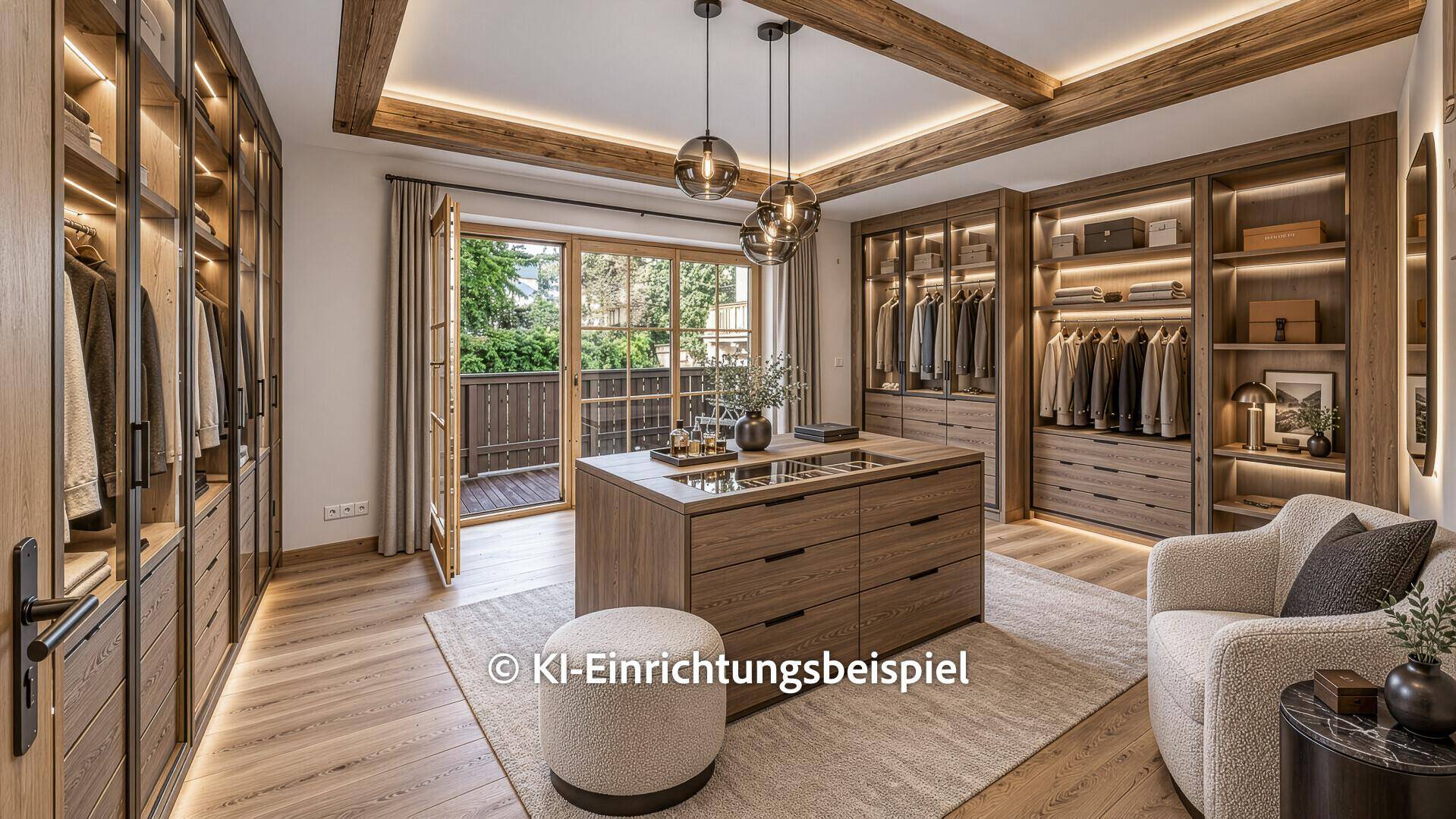 Geräumiger begehbarer Kleiderschrank mit Einbauschränken, Mittelinsel und Balkonzugang.