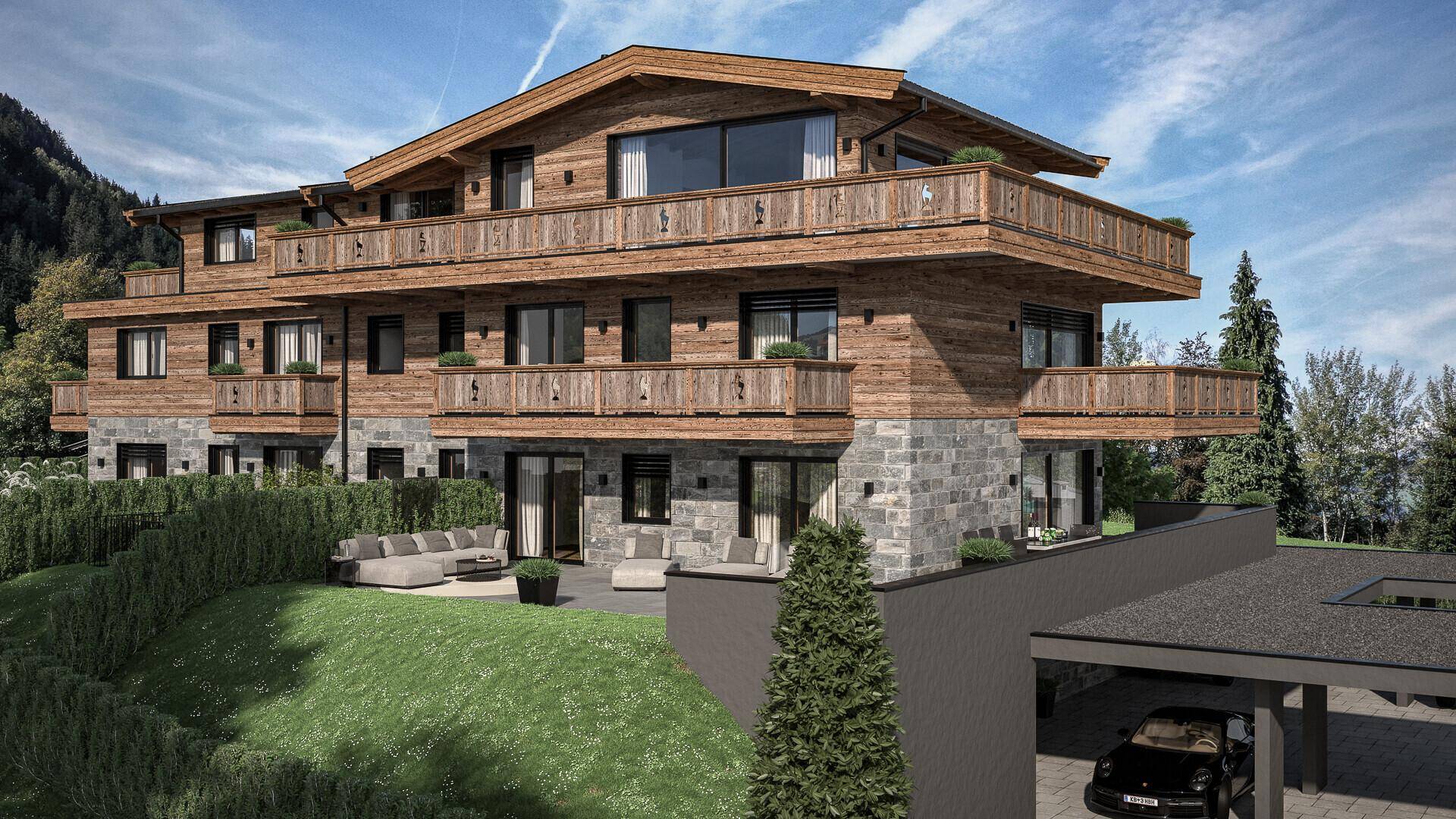Neubauprojekt im alpinen Stil mit Holzfassade, Steinverkleidung und überdachtem Carport.