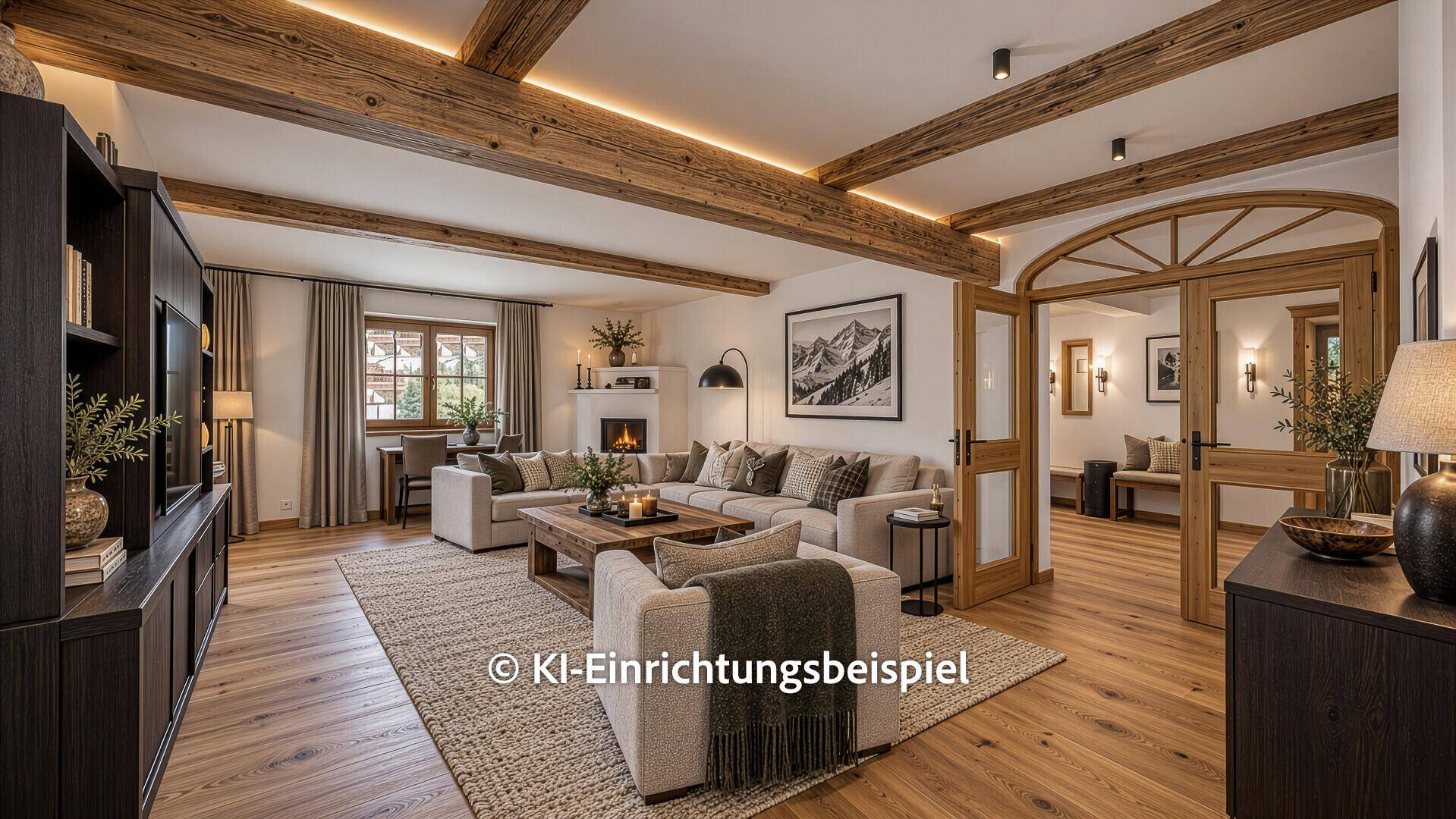 Elegantes Wohnzimmer mit Kamin, Holzbalkendecke und hochwertigen Möbeln im modernen alpinen Stil.