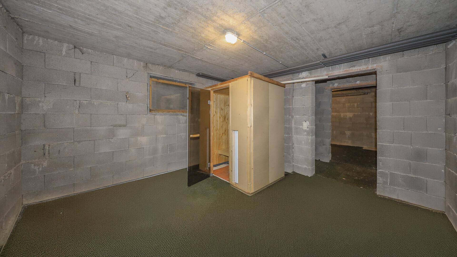 Kellerraum mit Betonsteinwänden, grünem Teppichboden und einer integrierten Saunakabine.