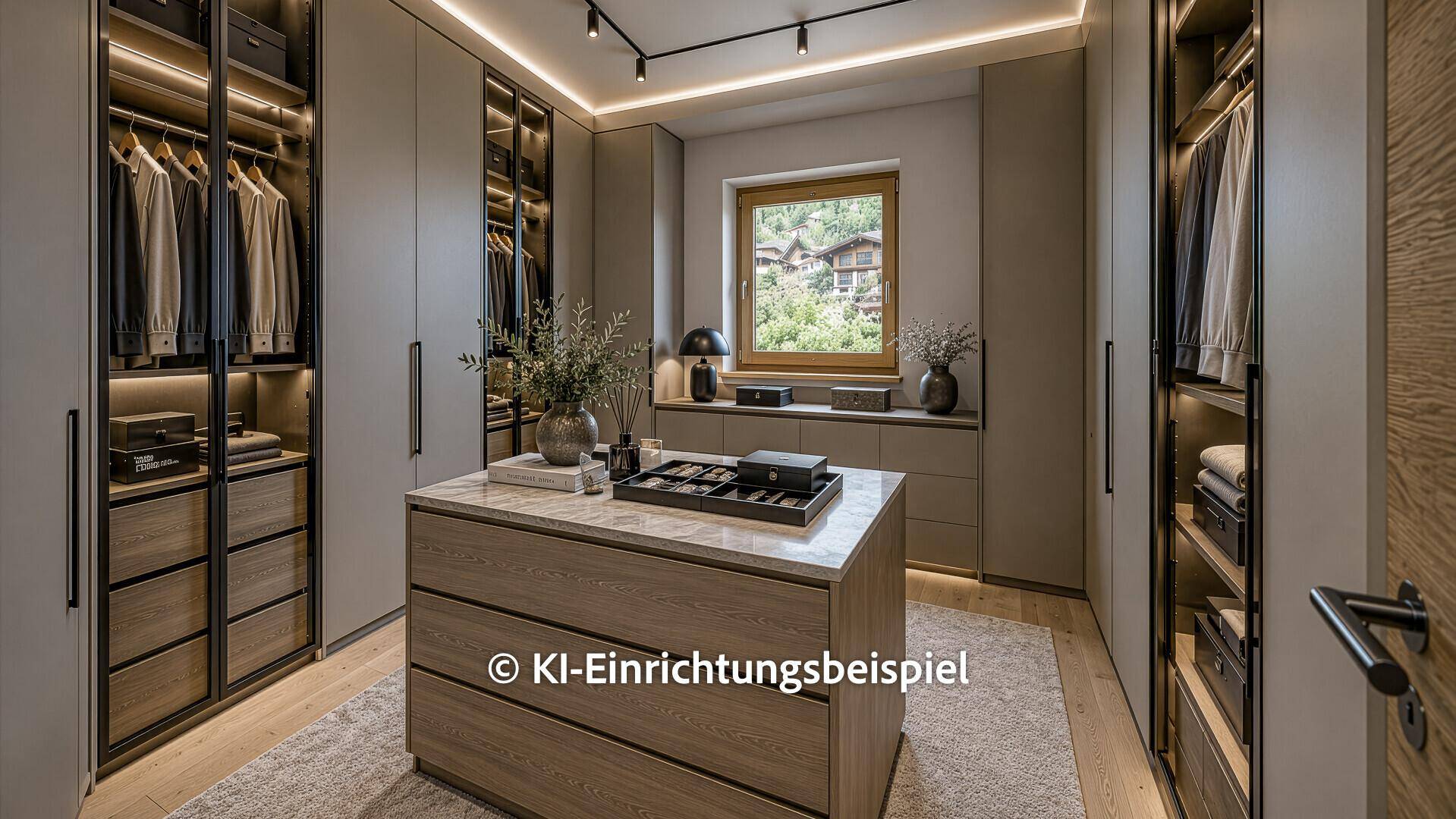 Luxuriöser begehbarer Kleiderschrank mit maßgefertigten Einbauschränken und zentraler Insel.