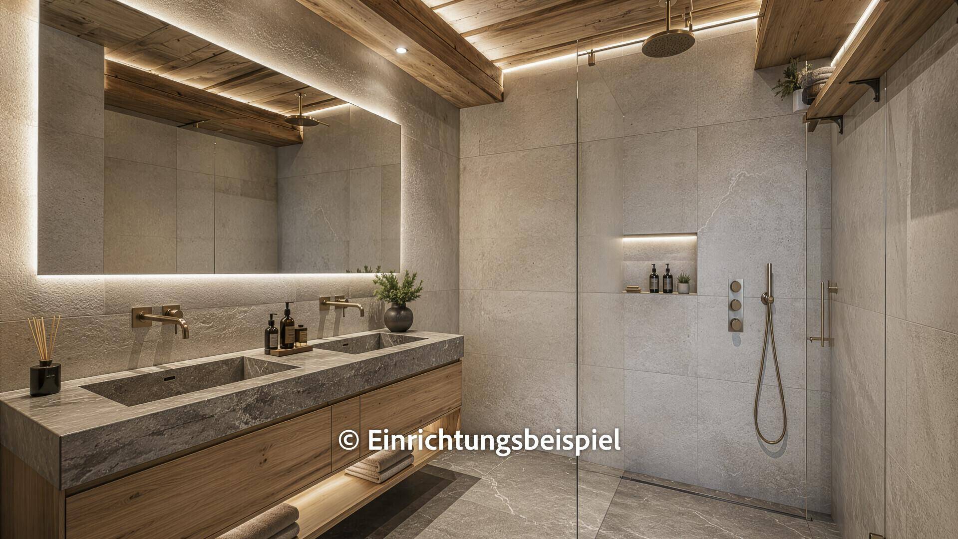 Luxuriöses Badezimmer mit Doppelwaschbecken, großer Dusche und indirekter Beleuchtung.