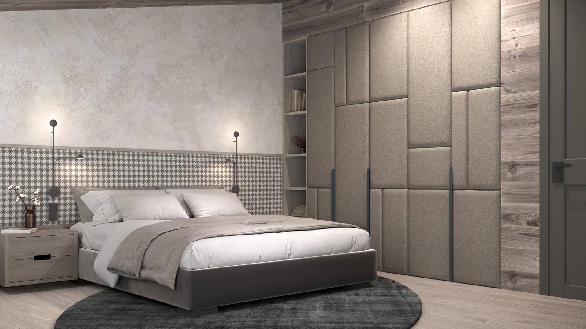 Modernes Schlafzimmer mit gepolsterter Wandverkleidung, Einbauschränken und stilvoller Beleuchtung.