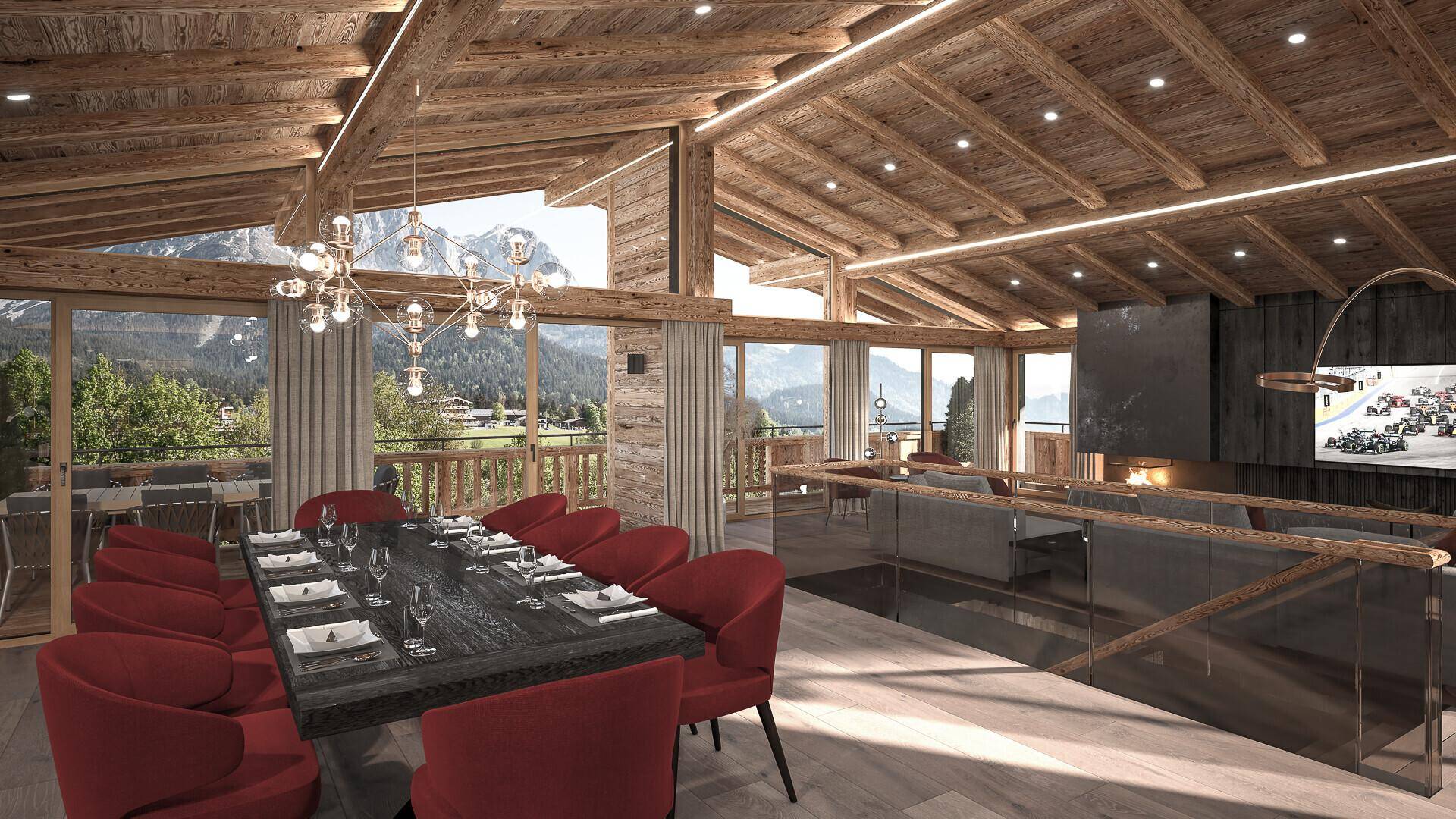 Eleganter Essbereich mit Holzbalkendecke, modernen Möbeln und Panoramablick auf die Berge.
