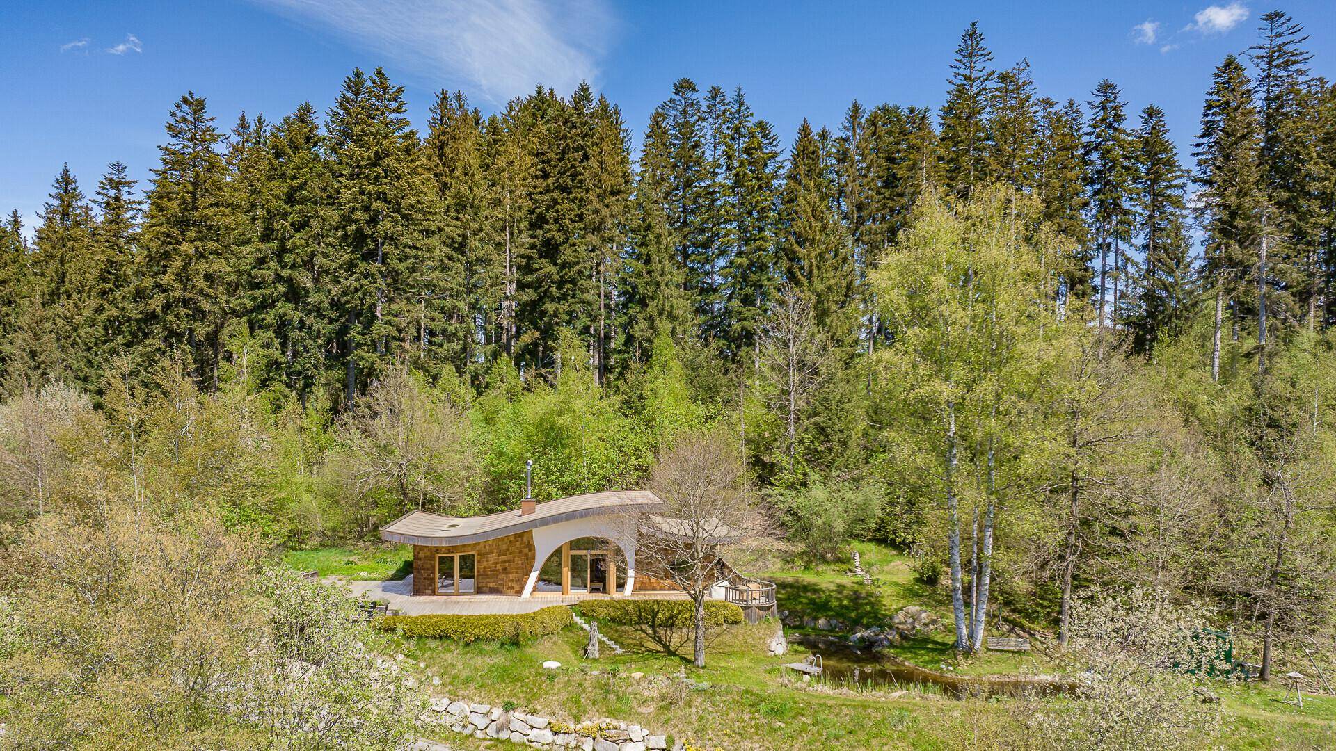 Weitläufige Ansicht des Hauses in einer idyllischen Waldlandschaft mit kleinem Teich.