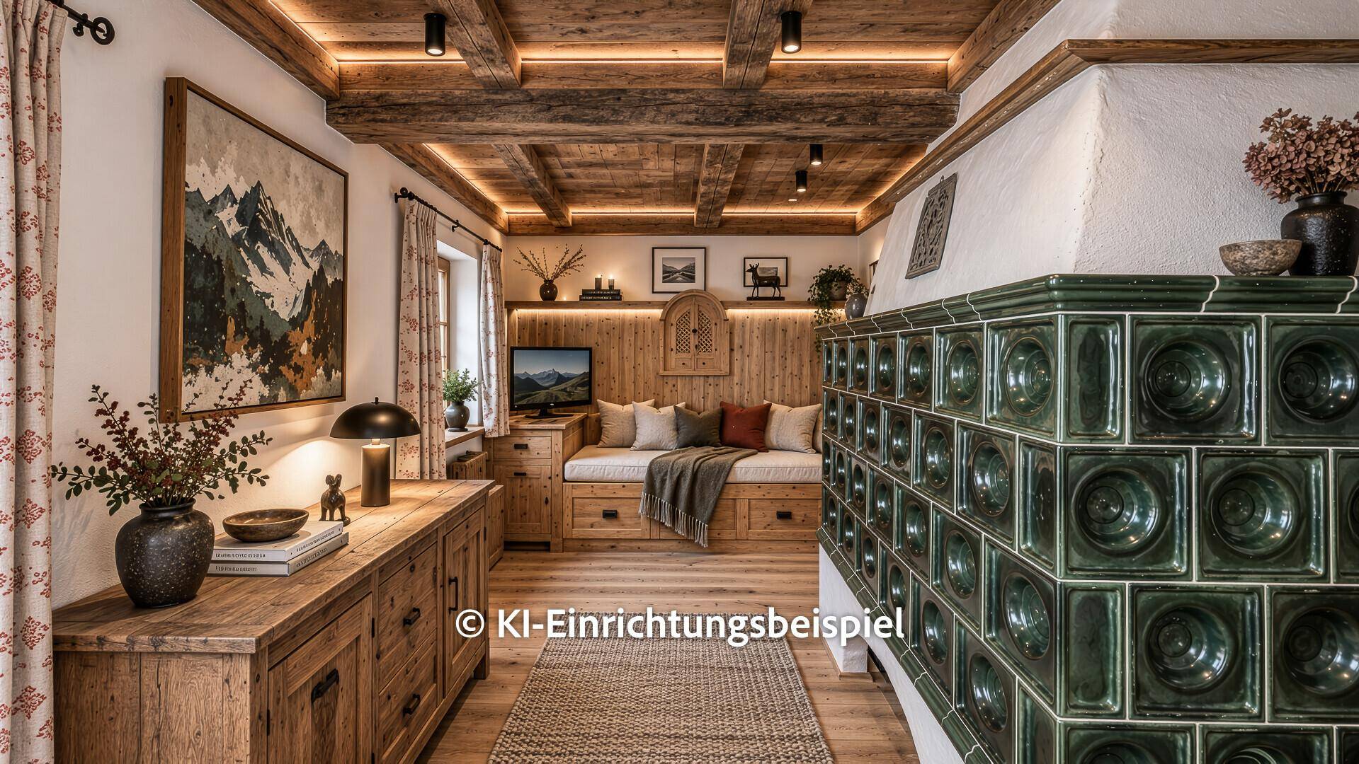 Renoviertes Schlafzimmer im alpinen Stil mit Kachelofen, Holzbett und indirekt beleuchteten Holzbalken.