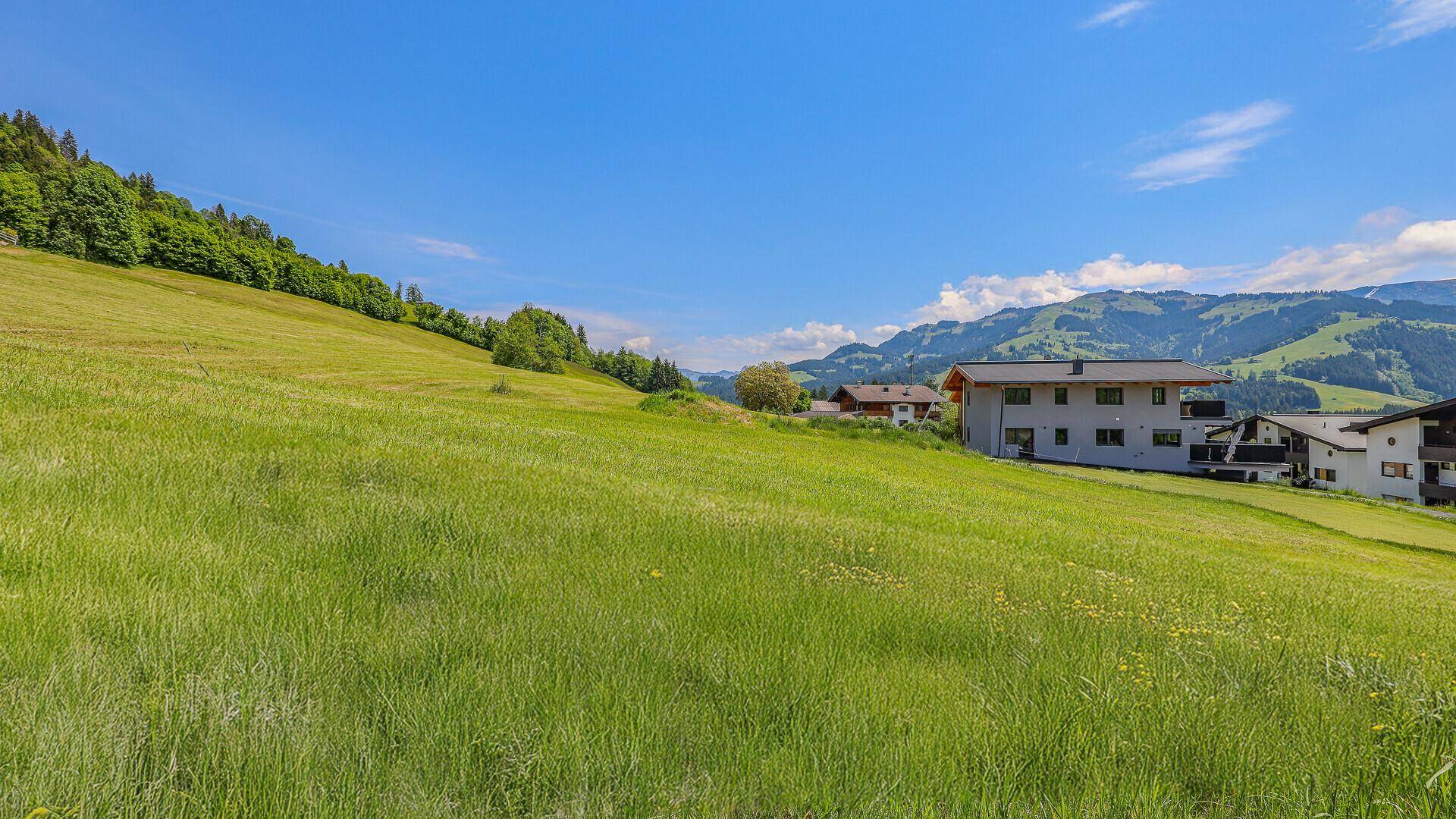 Weitläufige grüne Wiese mit Blick auf die umliegende Berglandschaft und entfernte Gebäude.