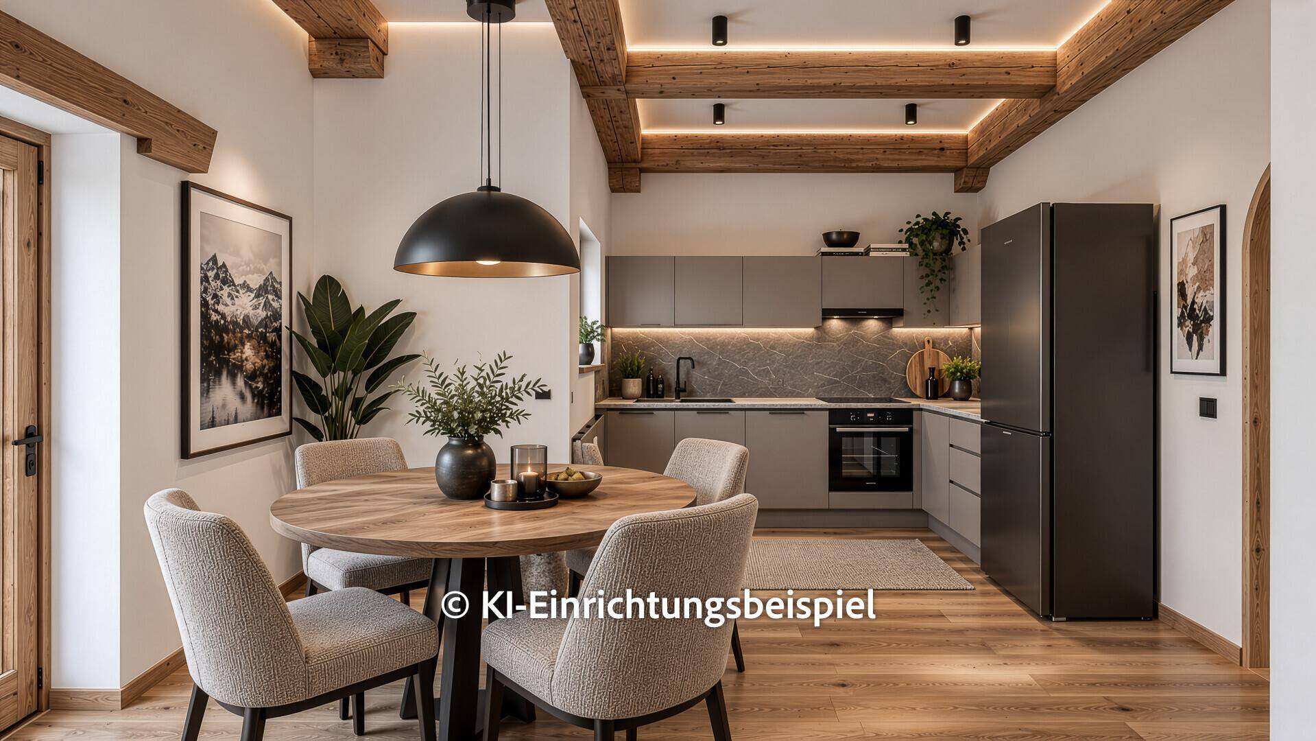 Moderner Essbereich mit integrierter Küche, Holzbalken und stilvoller Beleuchtung.
