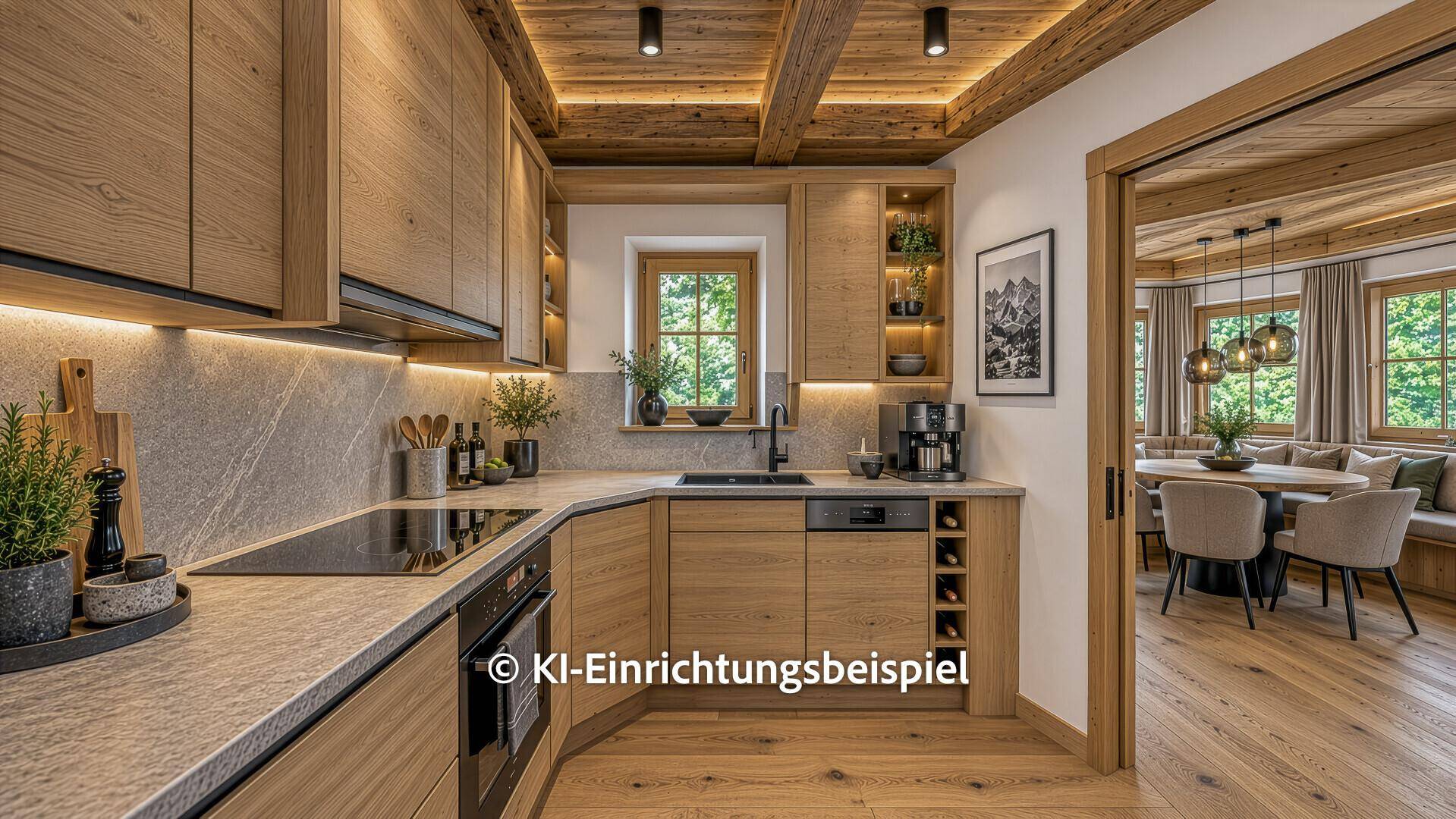 Moderne Holzküche mit Stein-Arbeitsplatte, Einbaugeräten und offenem Zugang zum Essbereich.