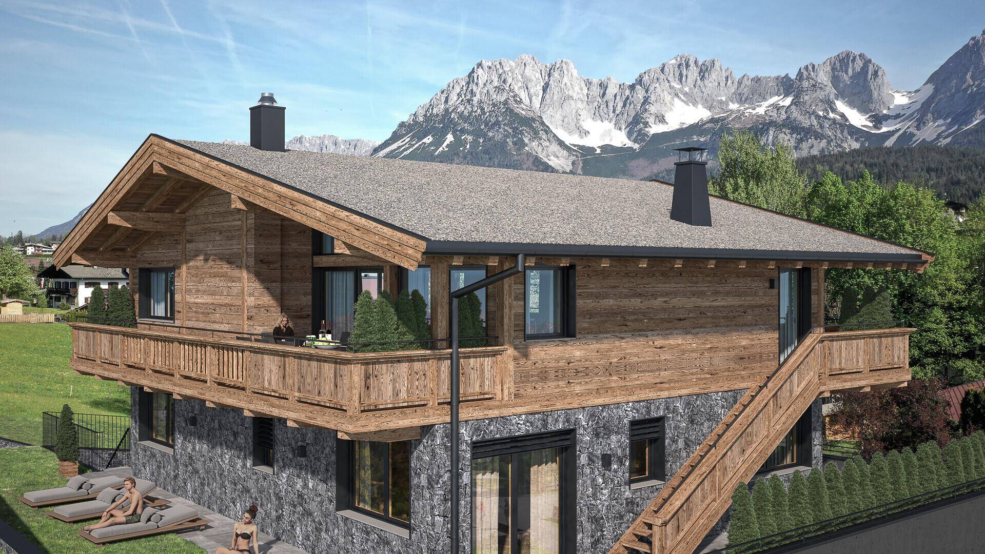 Traditionelles Chalet mit Holzverkleidung und Steinfundament, umgeben von alpiner Natur und Bergen.
