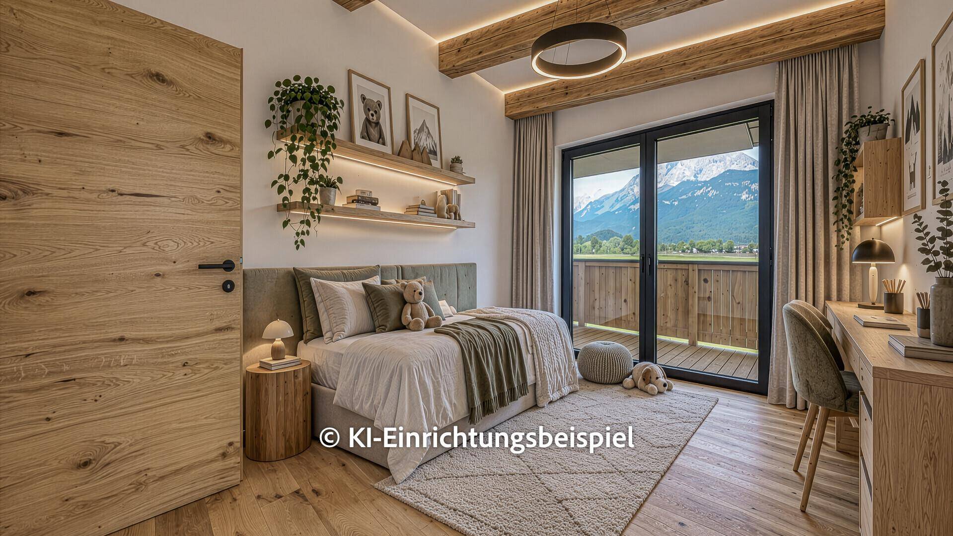 Gemütliches Schlafzimmer mit Holzbalkendecke, modernem Dekor und Zugang zum Balkon mit Bergblick.