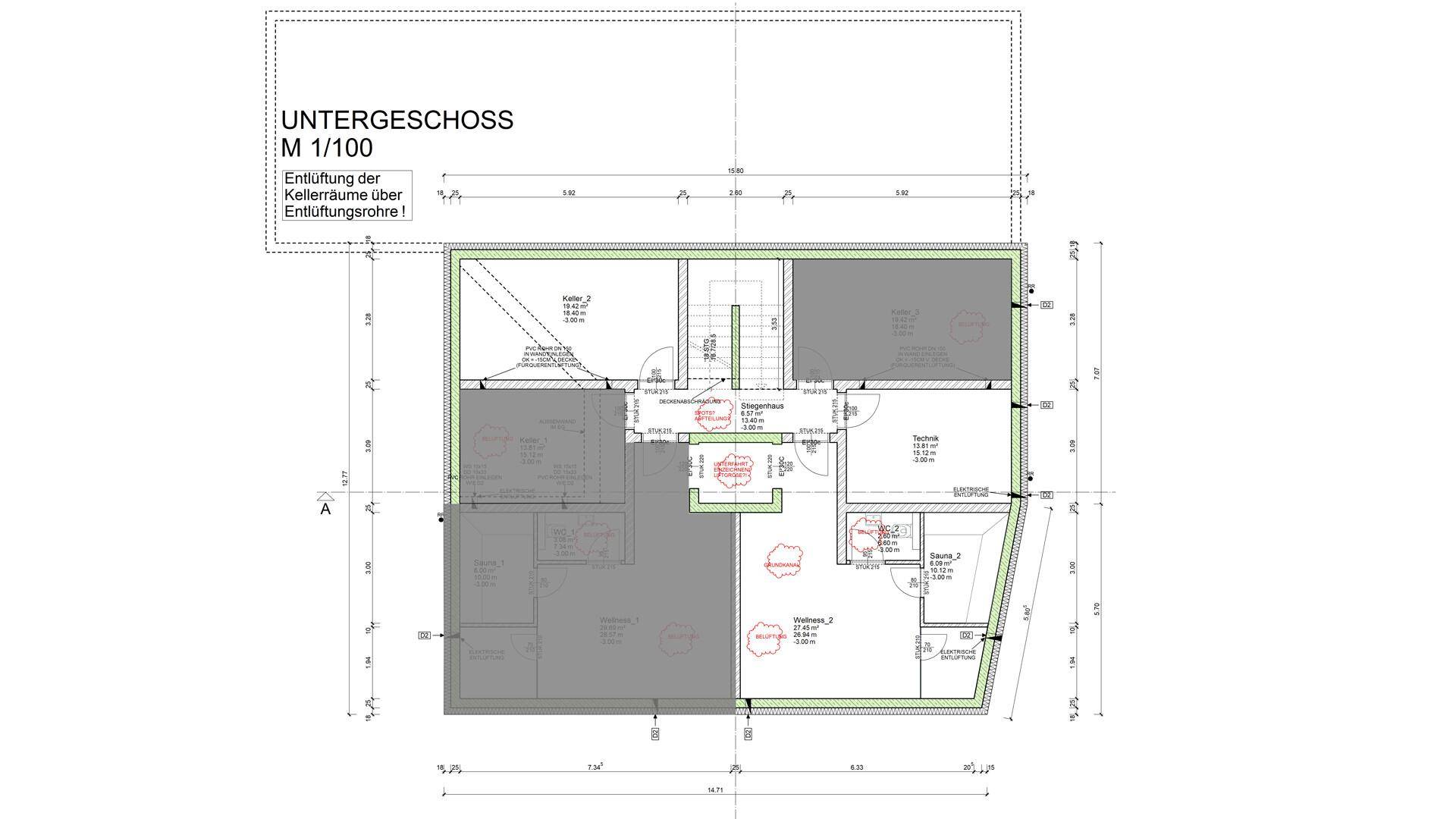 Grundriss des Untergeschosses mit Technikräumen und weiteren Nutzflächen.
