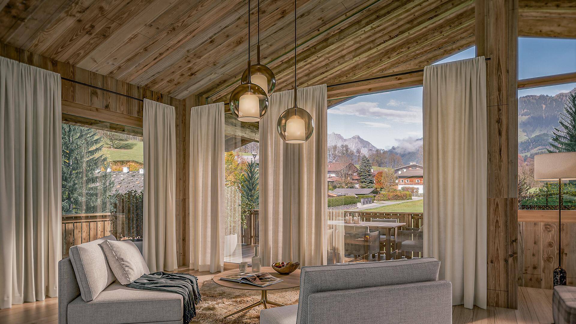 Gemütliches Wohnzimmer mit Holzwänden, großen Fenstern und Bergblick, ausgestattet mit modernen Möbeln.