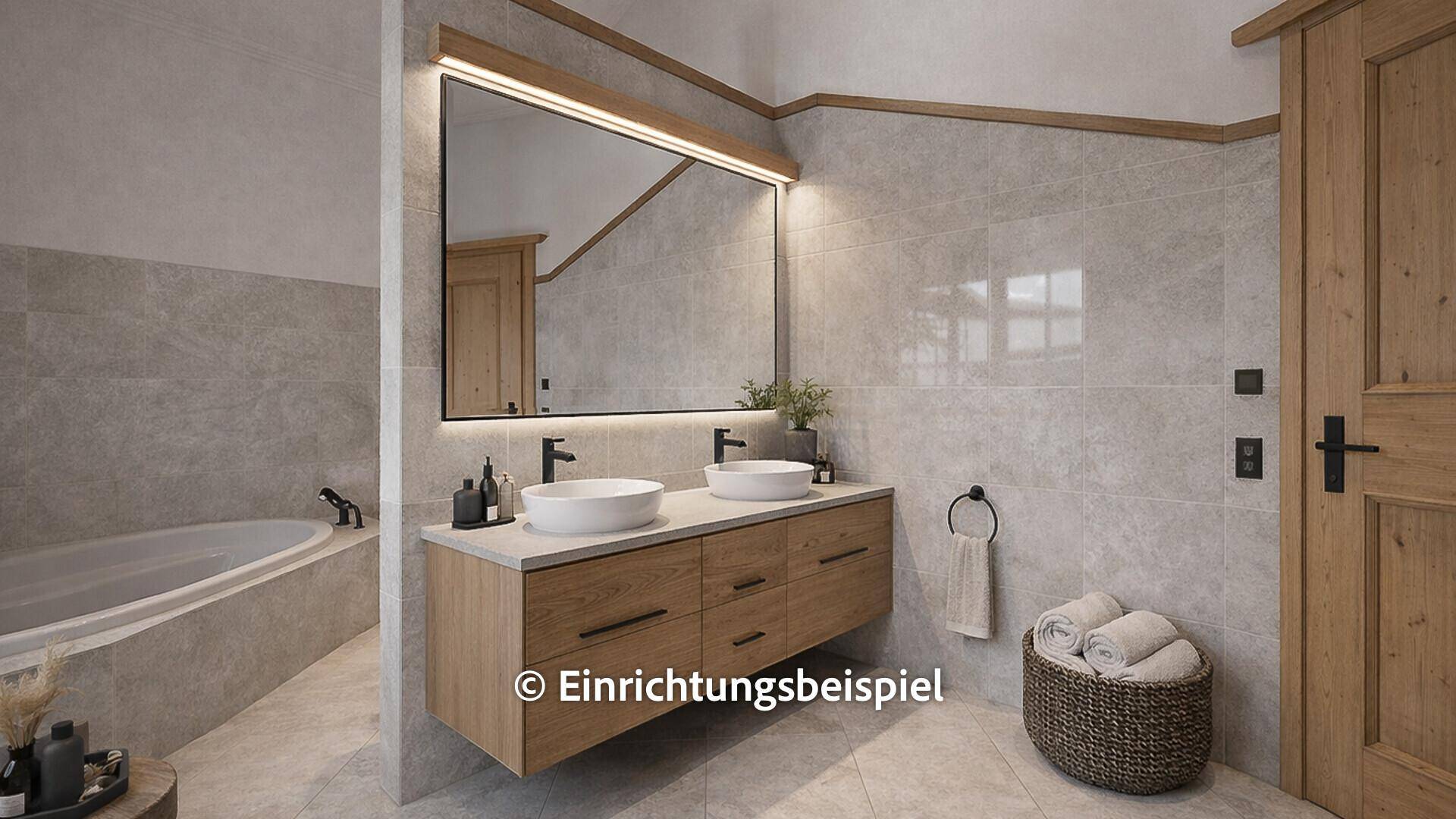 Modernes Badezimmer mit Doppelwaschbecken, großer Spiegelfläche und Badewanne.