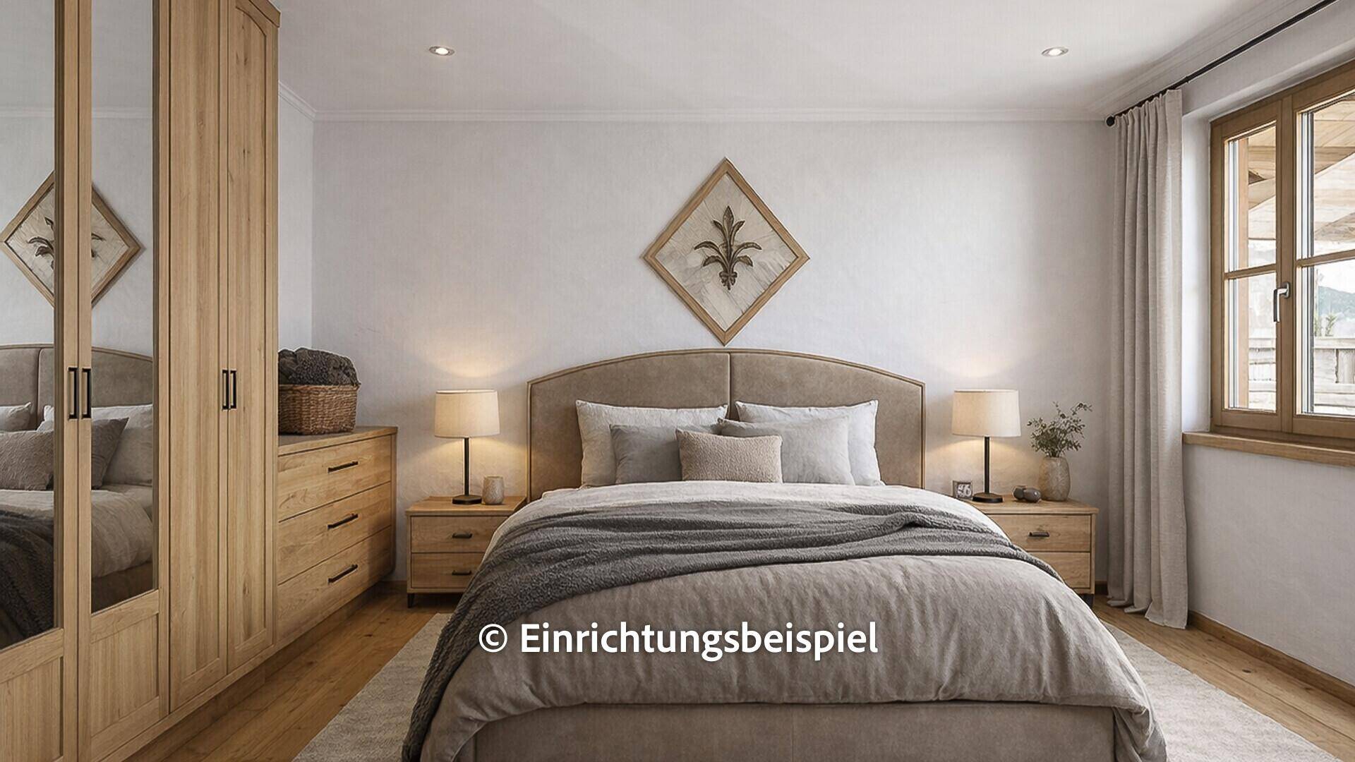 Modernes Schlafzimmer mit Doppelbett, Holzschrank und natürlichem Lichteinfall.
