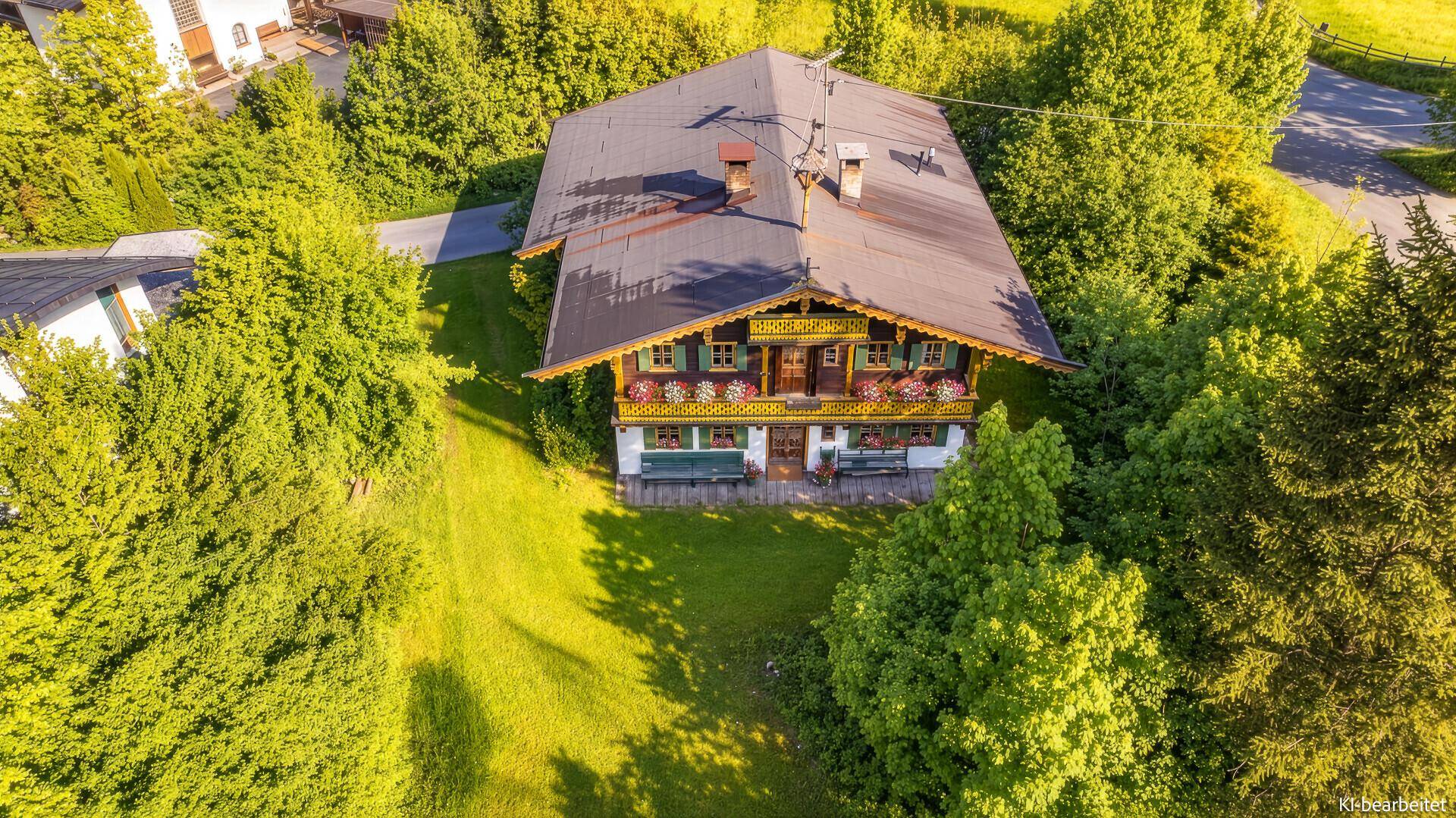 Luftaufnahme des traditionellen Chalets, eingebettet in eine grüne Landschaft mit Bäumen und Rasenflächen.