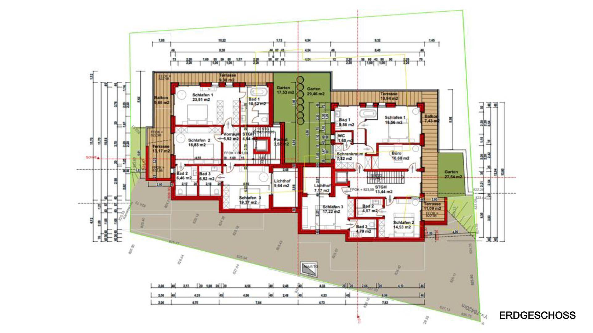 Grundriss des Erdgeschosses mit mehreren Schlafzimmern, Bädern und Garten.