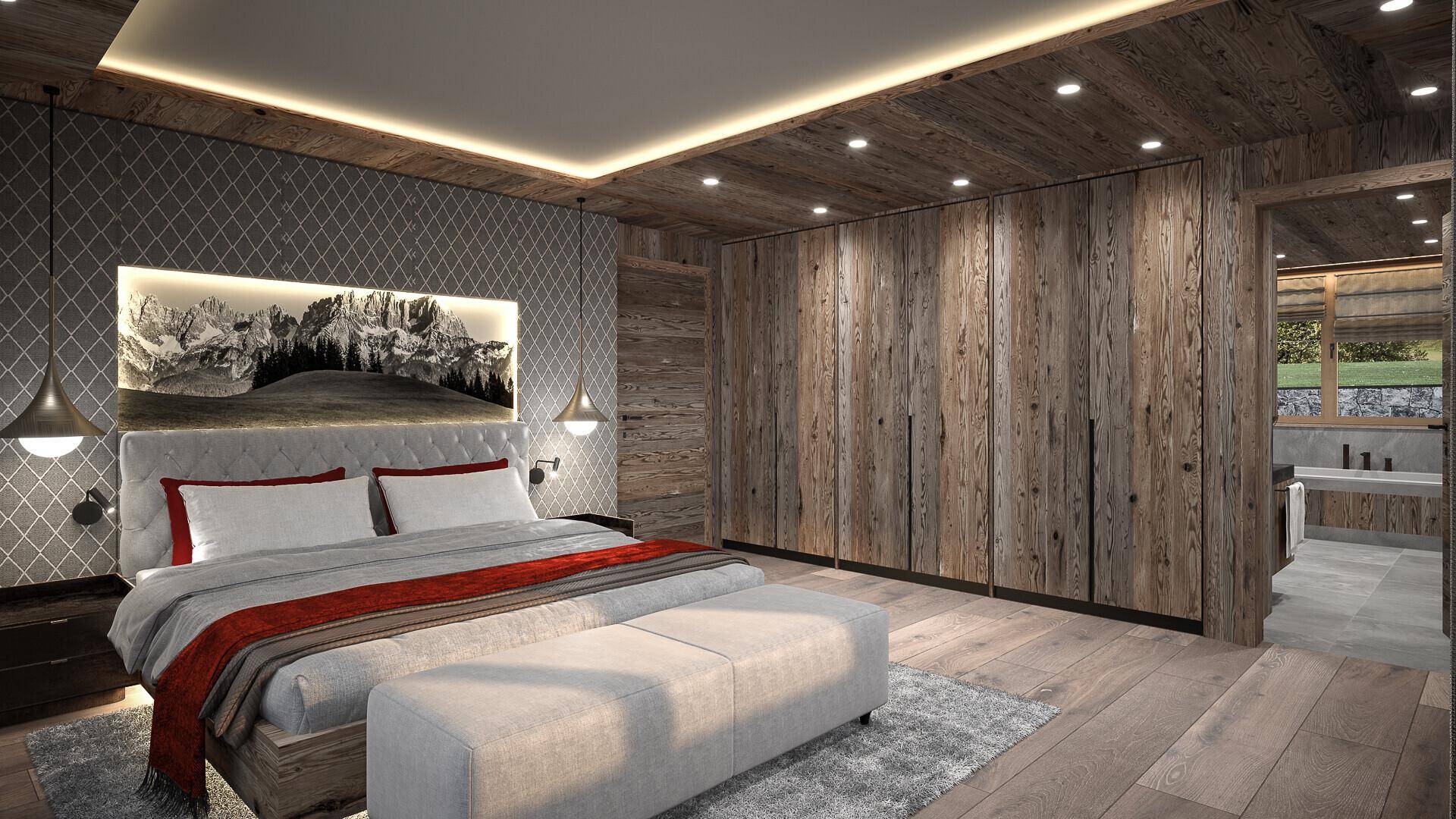 Gemütliches Schlafzimmer mit Holzwänden, Einbauschränken und indirekter Beleuchtung.