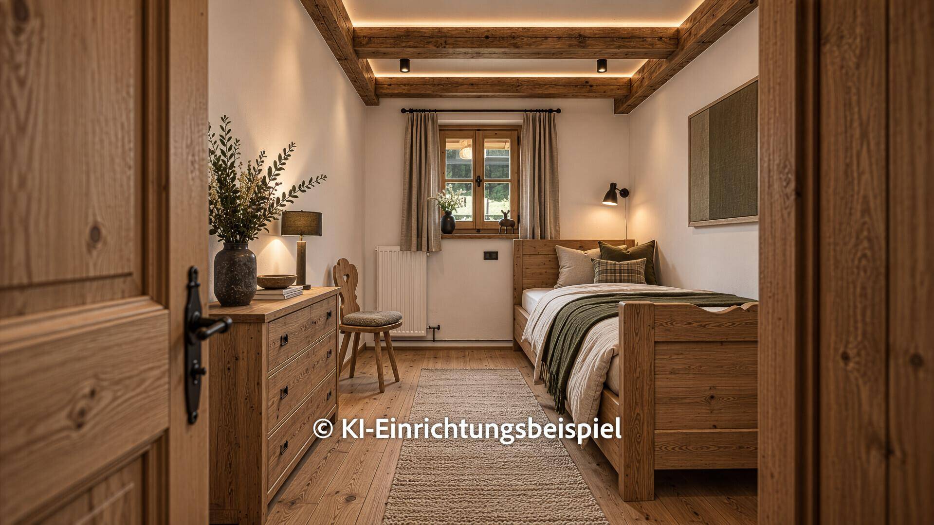 Renoviertes Schlafzimmer im alpinen Stil mit Einzelbett, Holzmöbeln und indirekt beleuchteten Holzbalken.
