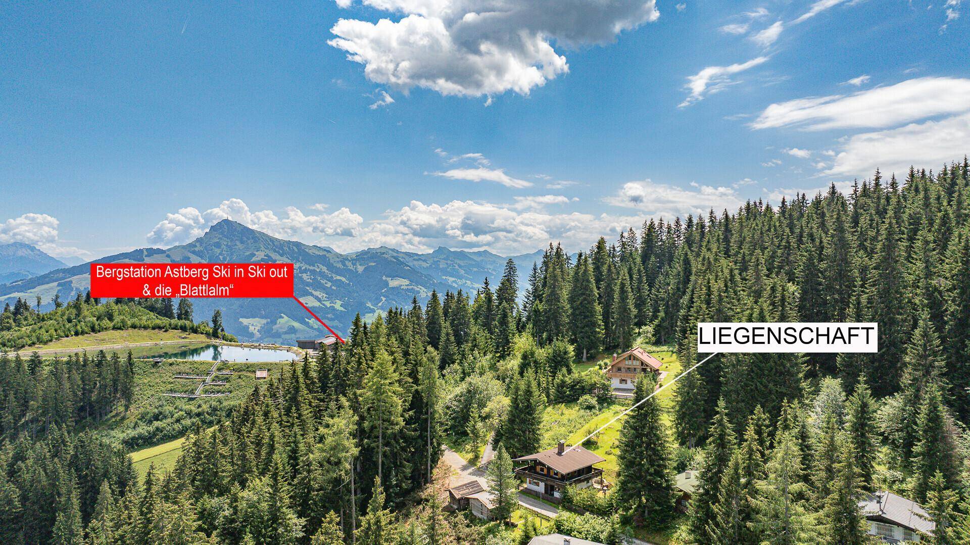 Luftaufnahme einer bewaldeten Berglandschaft mit markierter Liegenschaft und Skistation in der Nähe.
