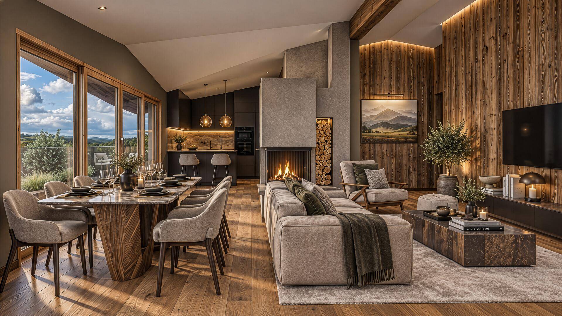 Offener Wohn-Essbereich mit Holzboden, Kamin und Zugang zu einer Terrasse mit Bergblick.