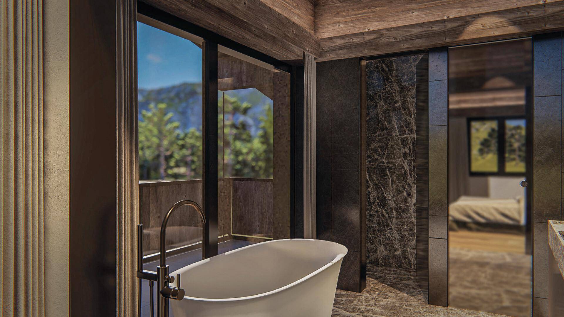 Elegantes Badezimmer mit freistehender Badewanne, Marmorwänden und Bergblick.