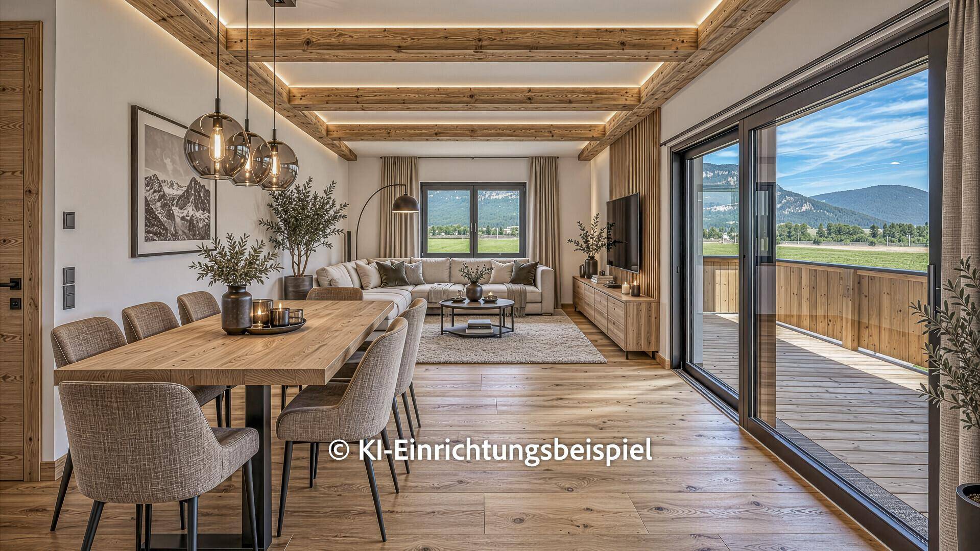 Gemütlicher Wohn-Essbereich mit Holzbalkendecke, modernem Dekor und Zugang zum Balkon.