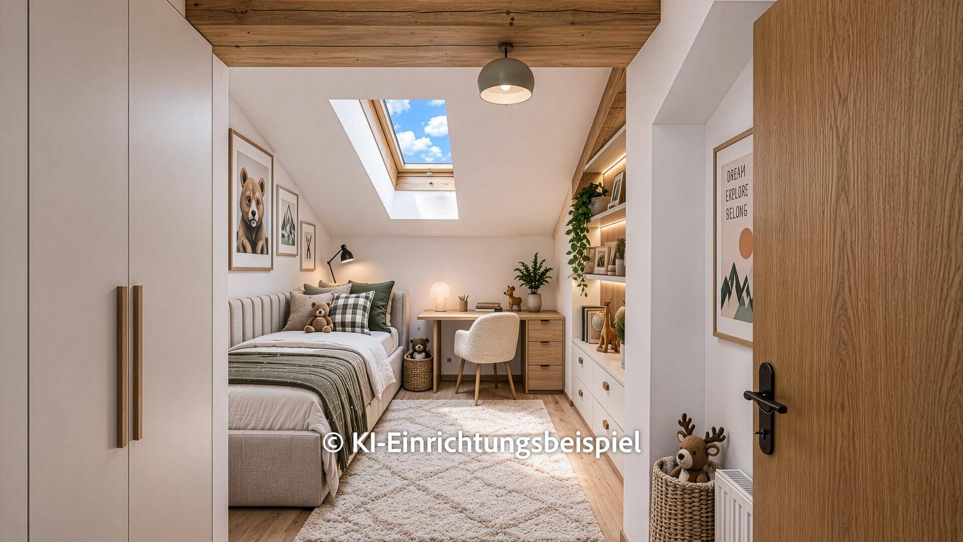 Helles Kinderzimmer mit Dachfenster, Holzbalken, Schreibtisch und integrierten Regalen.
