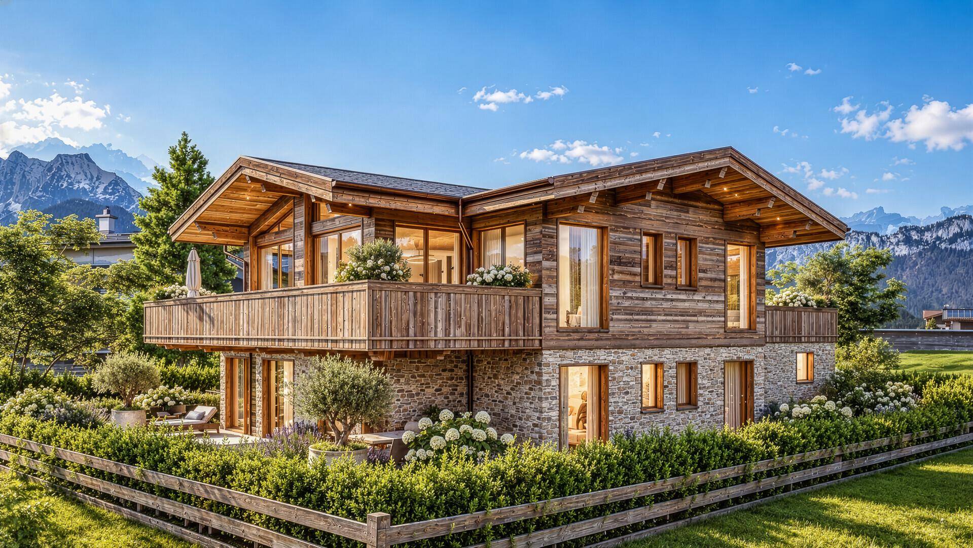 Traditionelles Holzchalet mit Steinakzenten und großzügigen Balkonen in sonniger Lage mit Bergblick.