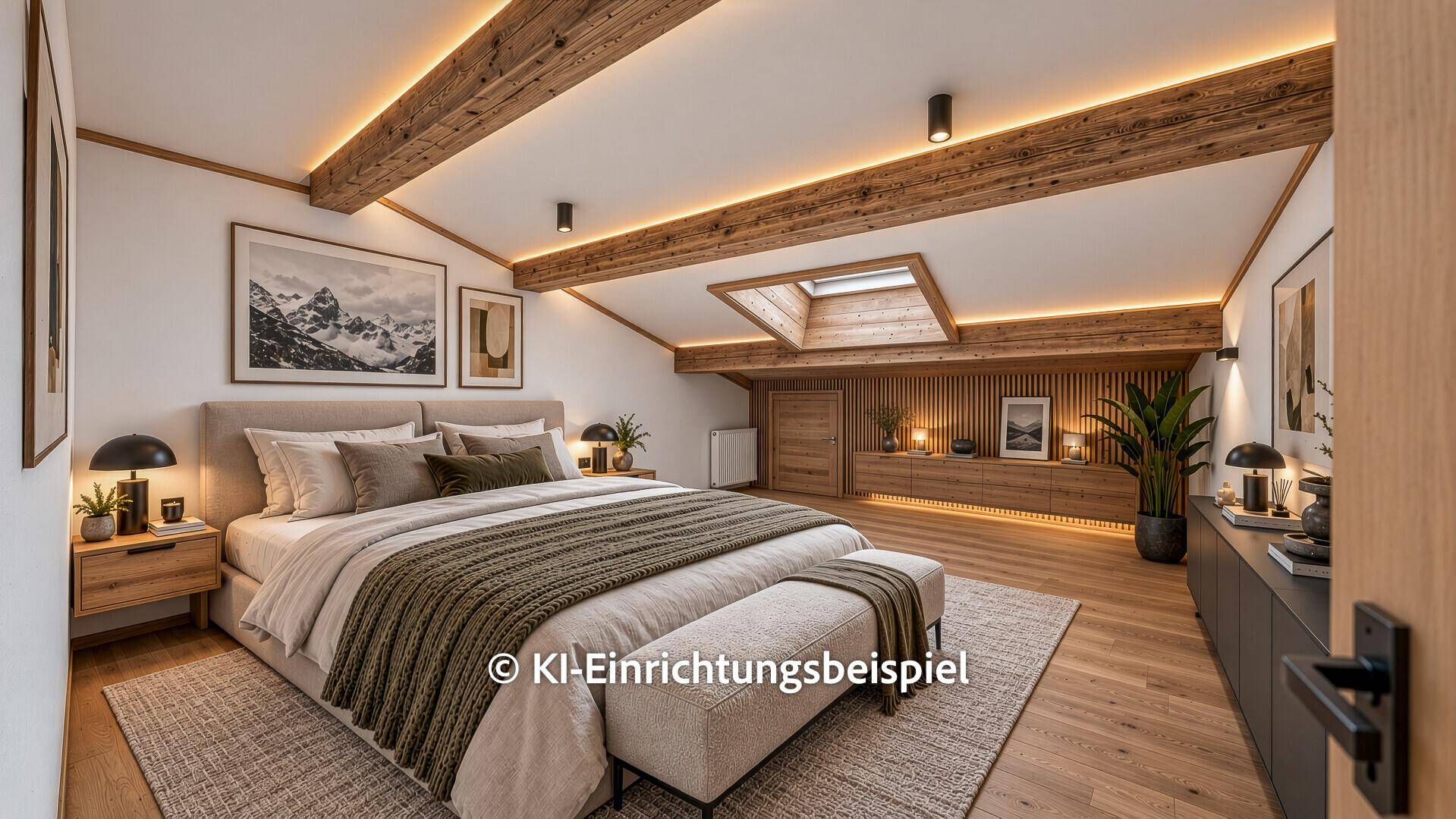 Gemütliches Schlafzimmer im Dachgeschoss mit Holzbalken, Doppelbett und Dachfenster.