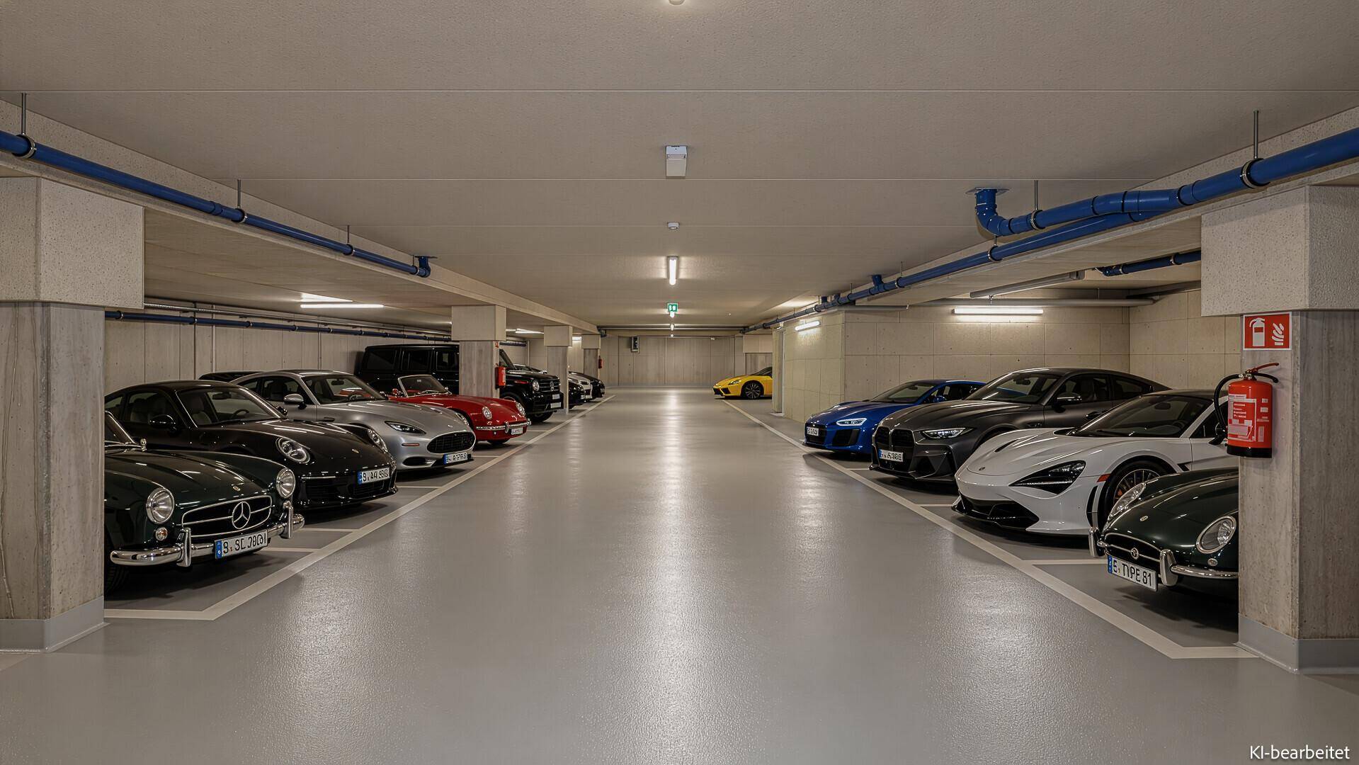 Tiefgarage mit zahlreichen Stellplätzen und verschiedenen Fahrzeugen.