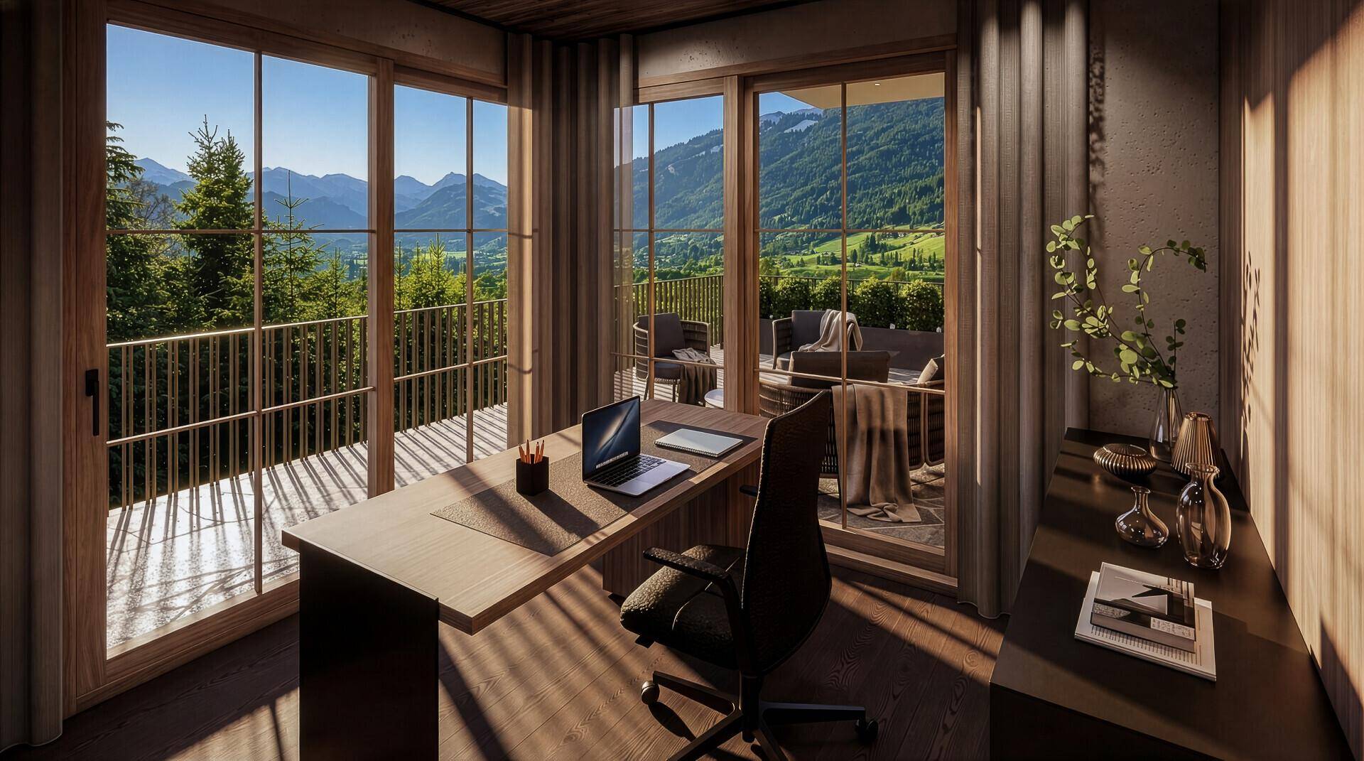 Helles Arbeitszimmer mit Schreibtisch, großen Fenstern und Zugang zu einem Balkon mit Bergblick.