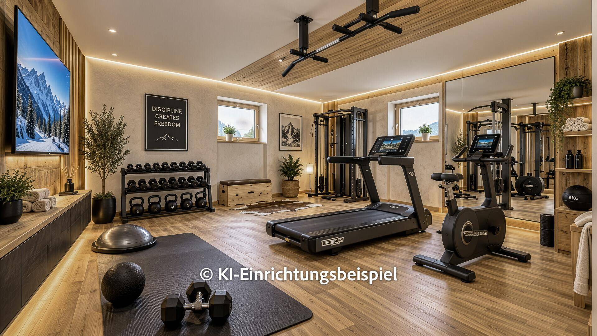 Gut ausgestatteter Fitnessraum mit modernen Geräten, Spiegeln und Holzboden.