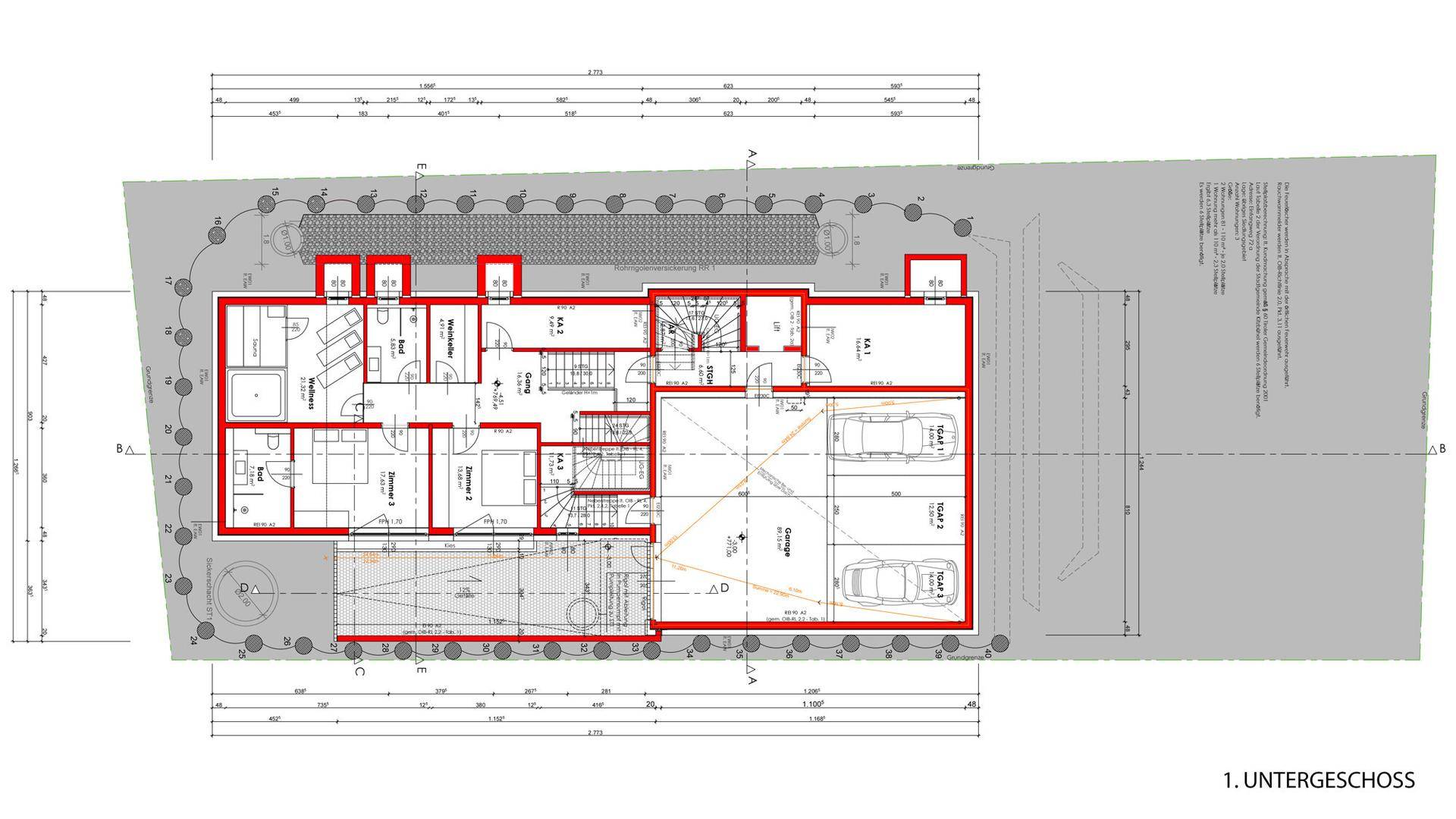 Grundriss des Untergeschosses mit Garage, Abstellräumen und weiteren Nutzflächen.