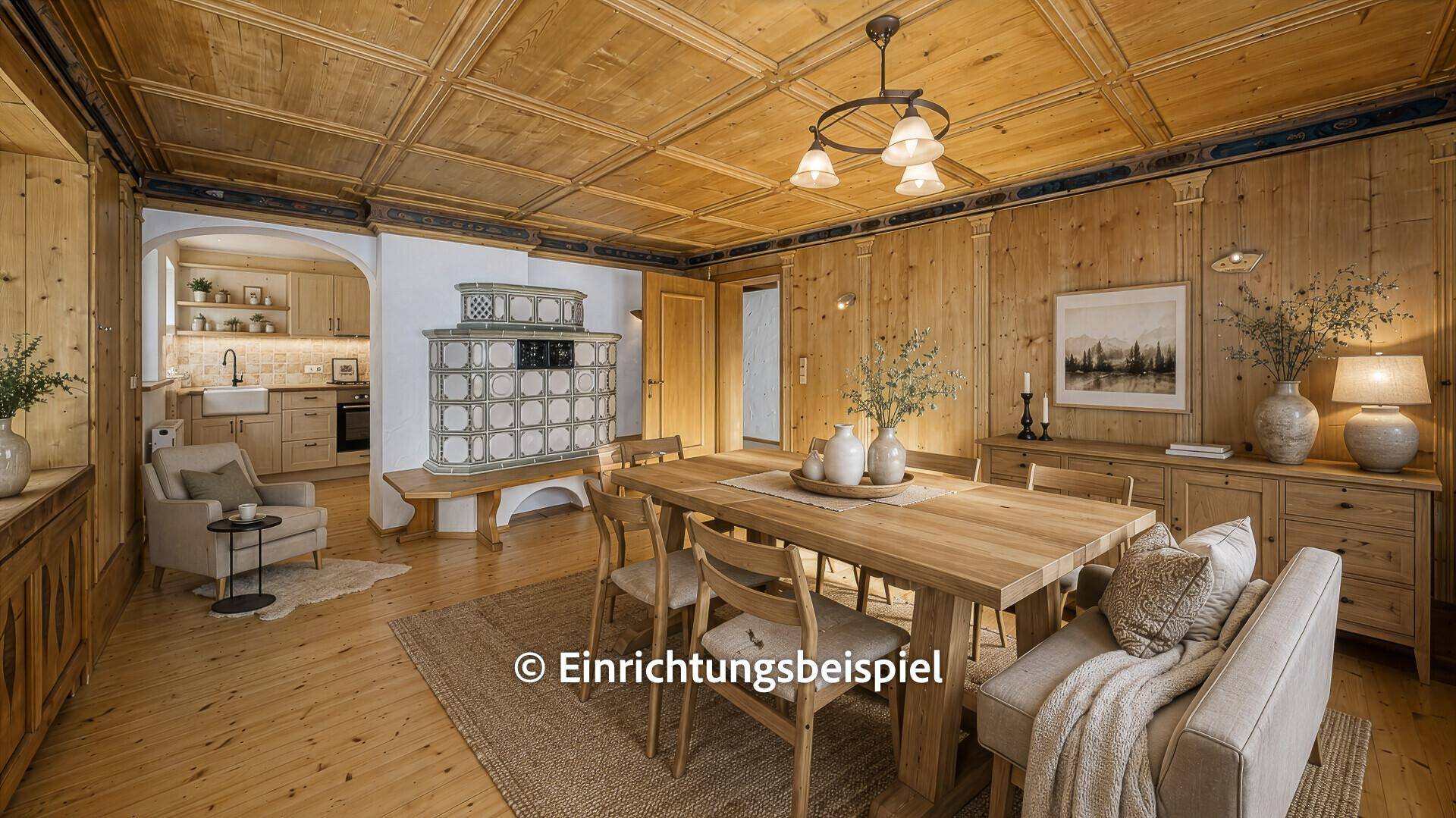 Geschmackvoll eingerichteter Wohn-Essbereich mit Kachelofen und Holzelementen.