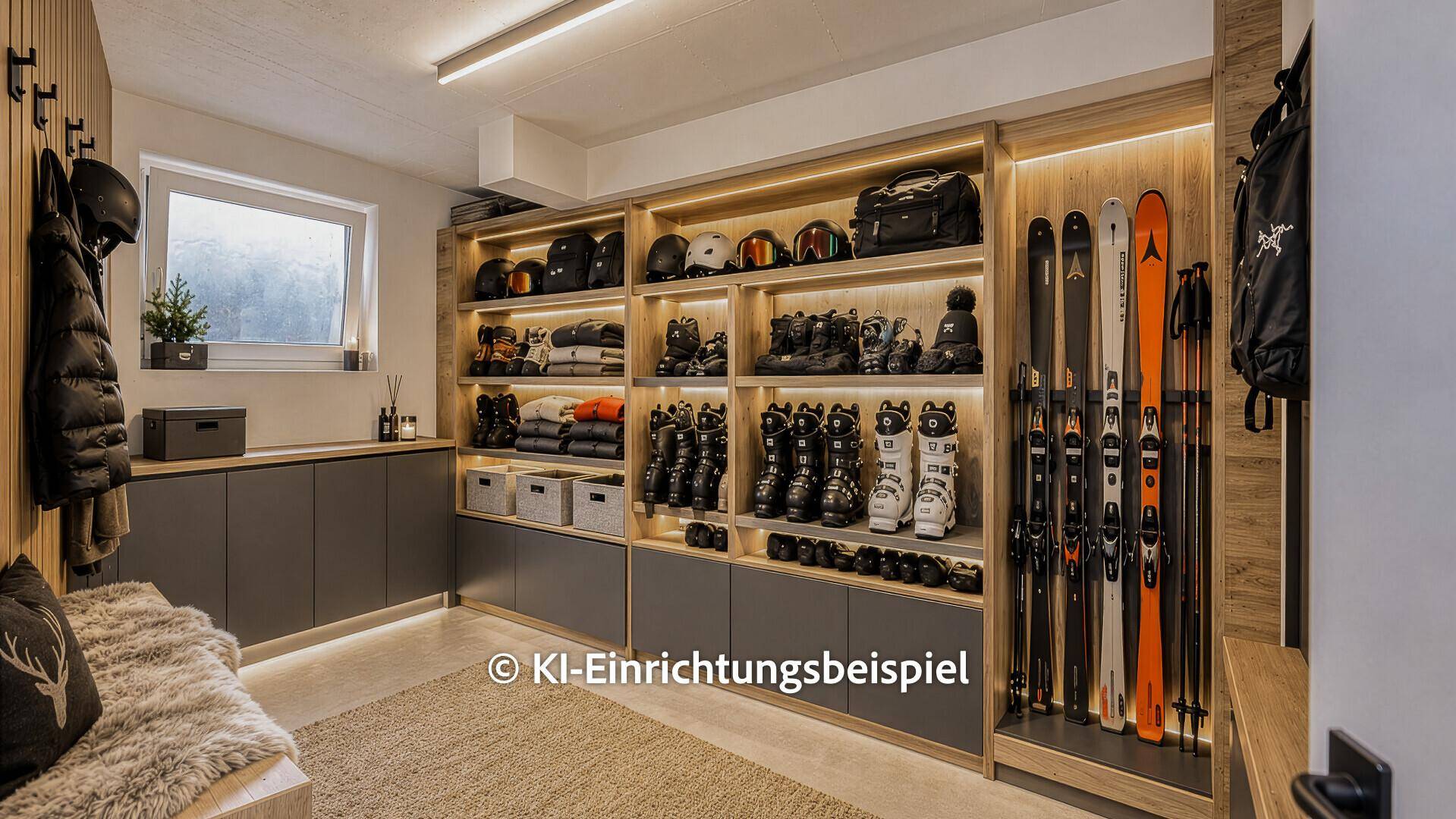 Moderner Skiraum mit maßgefertigten Regalen und Beleuchtung für Sportausrüstung.