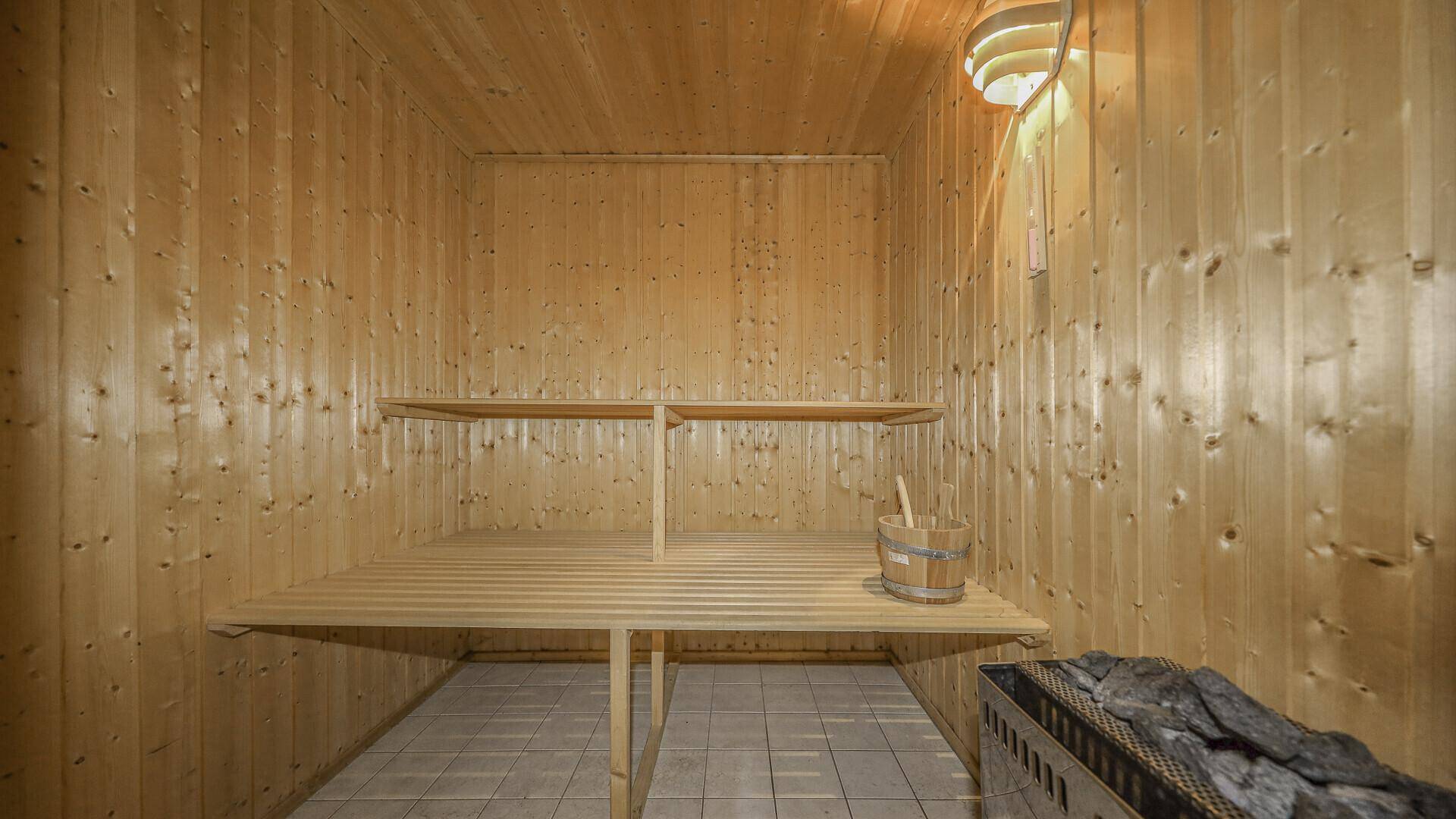 Traditionelle Holzsauna mit Bänken und Saunaofen für entspannende Momente.