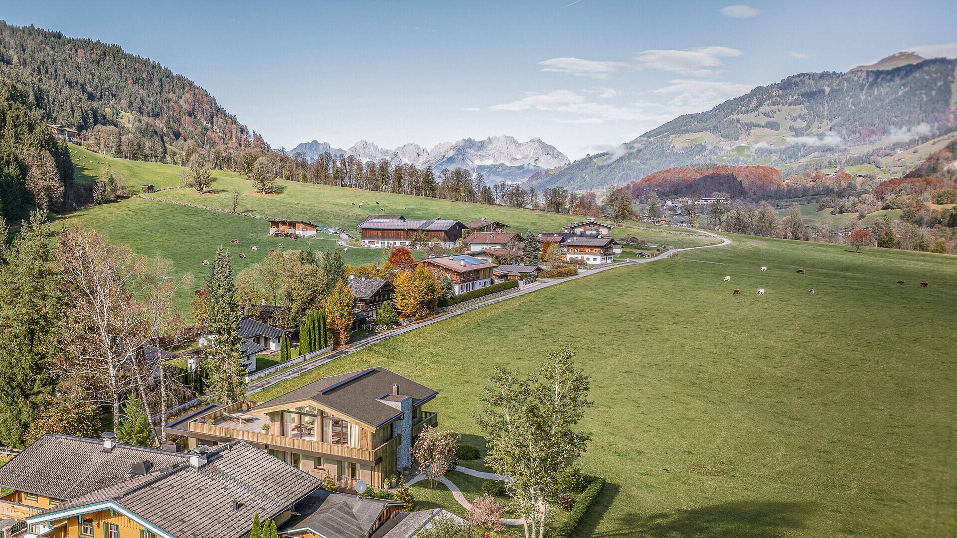 Panoramablick auf das Anwesen in einer malerischen Berglandschaft mit grünen Wiesen und umliegenden Wäldern.