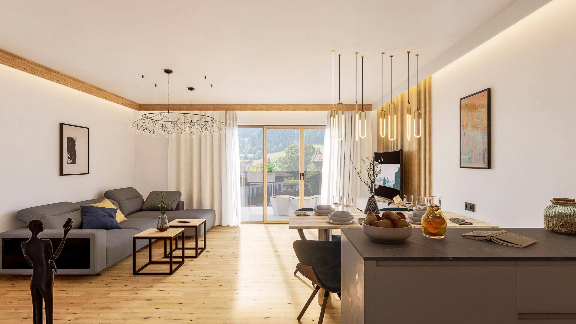 Heller Wohn- und Essbereich mit Holzboden, modernem Sofa und Zugang zum Balkon.